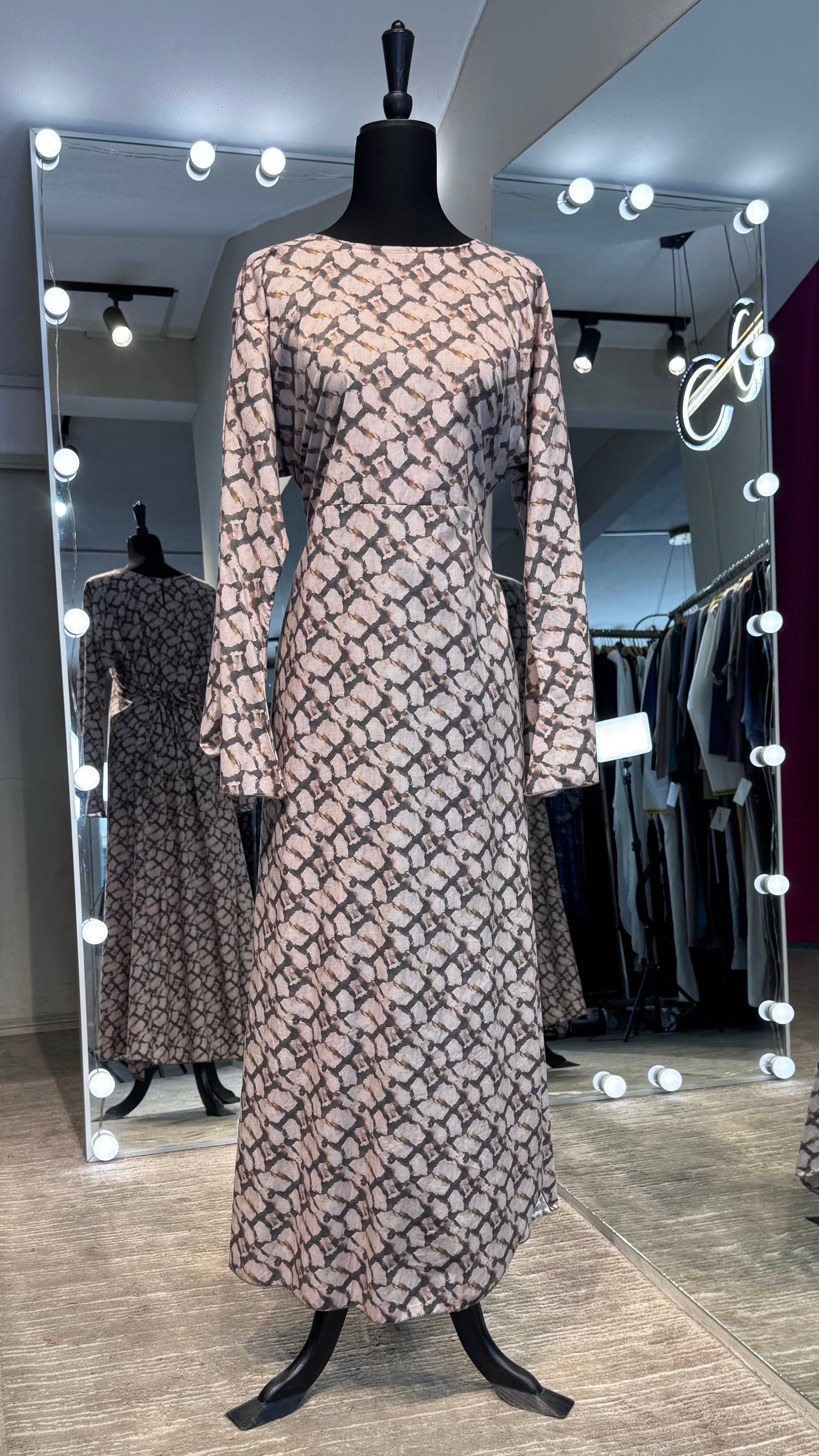 Cotton Printed Abaya Dress with Chiffon Hijab – 2 Piece - Pinkish Gray