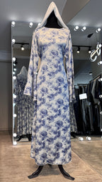 Satin Printed Casual Abaya Dress with Chiffon Hijab – 2 Piece - White & Gray Blue