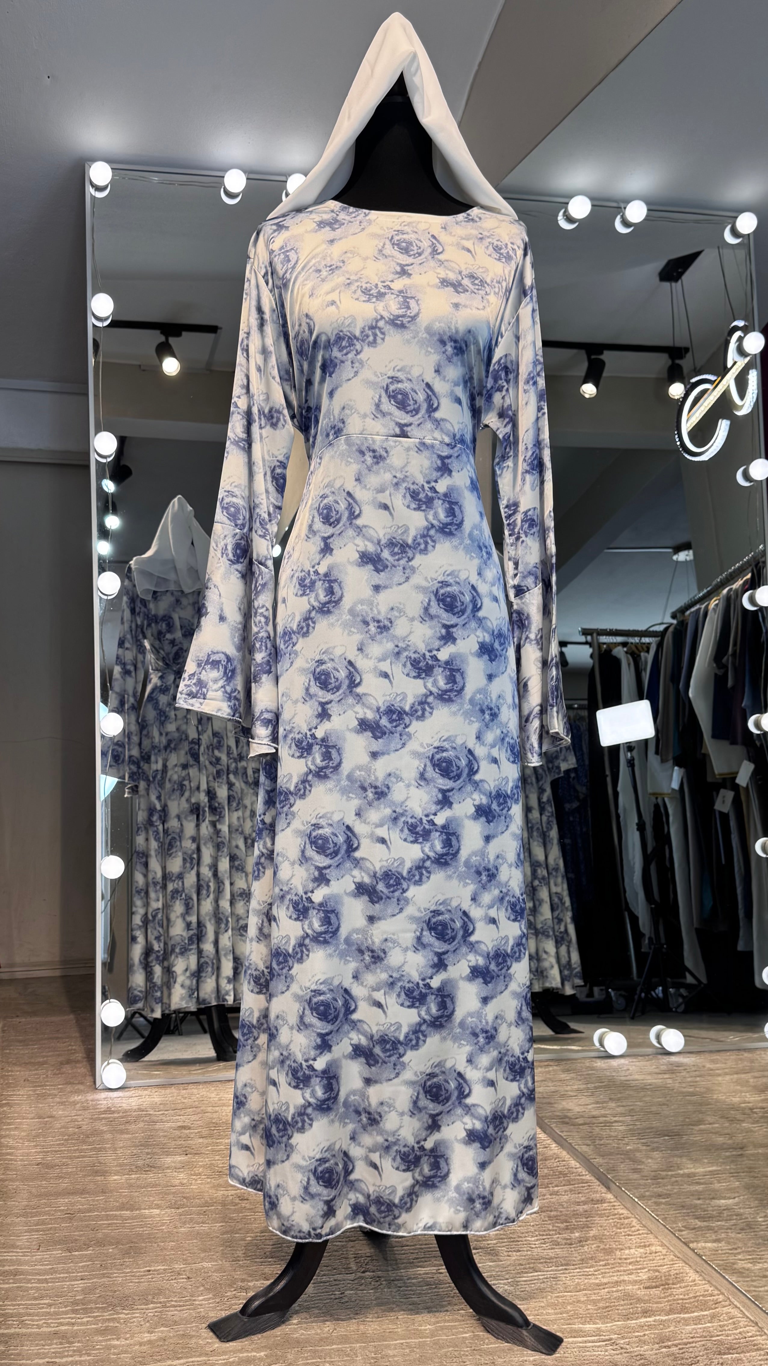 Satin Printed Casual Abaya Dress with Chiffon Hijab – 2 Piece - White & Gray Blue