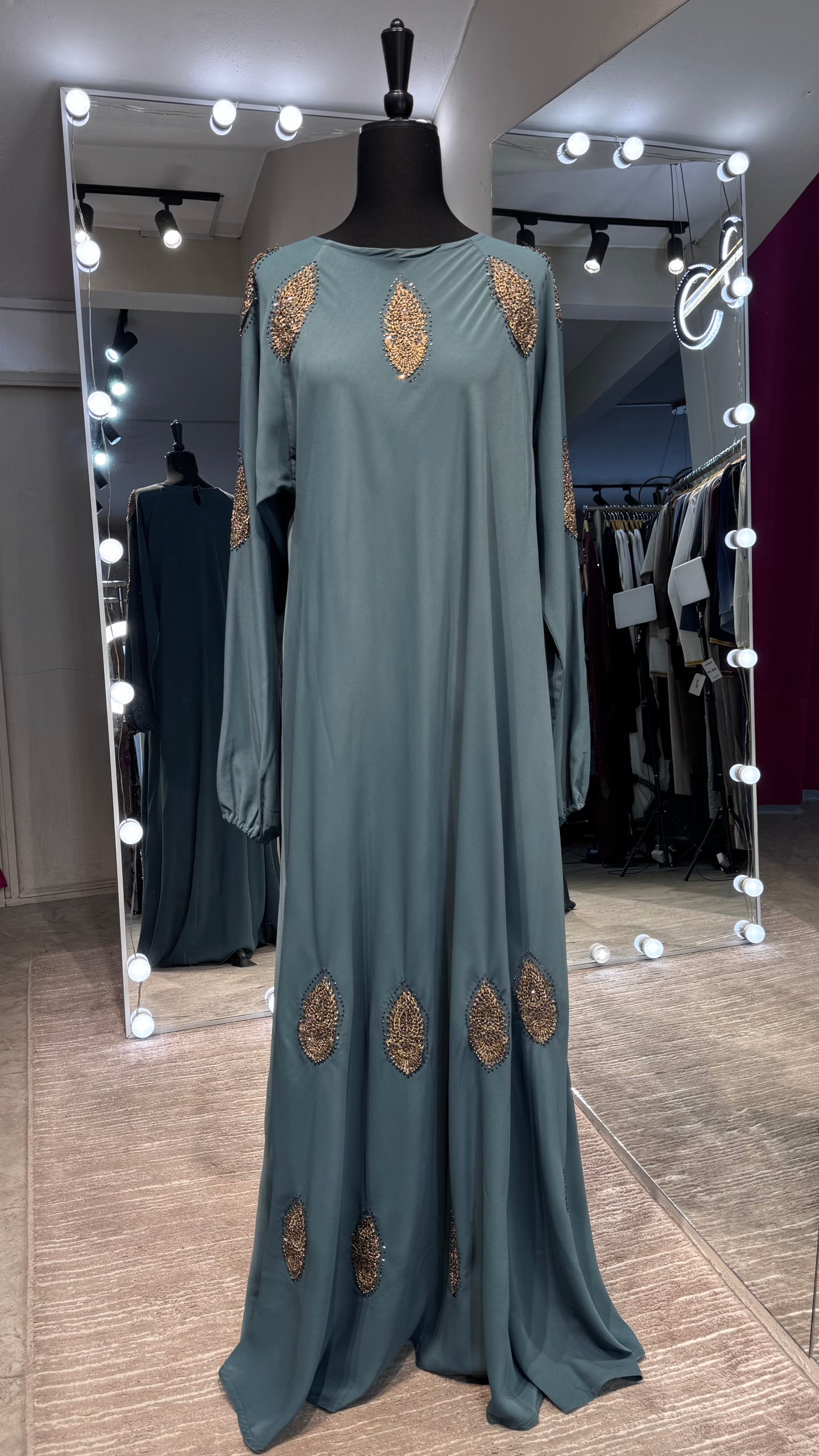 Umbrella Cut Abaya Flower patch-Teal