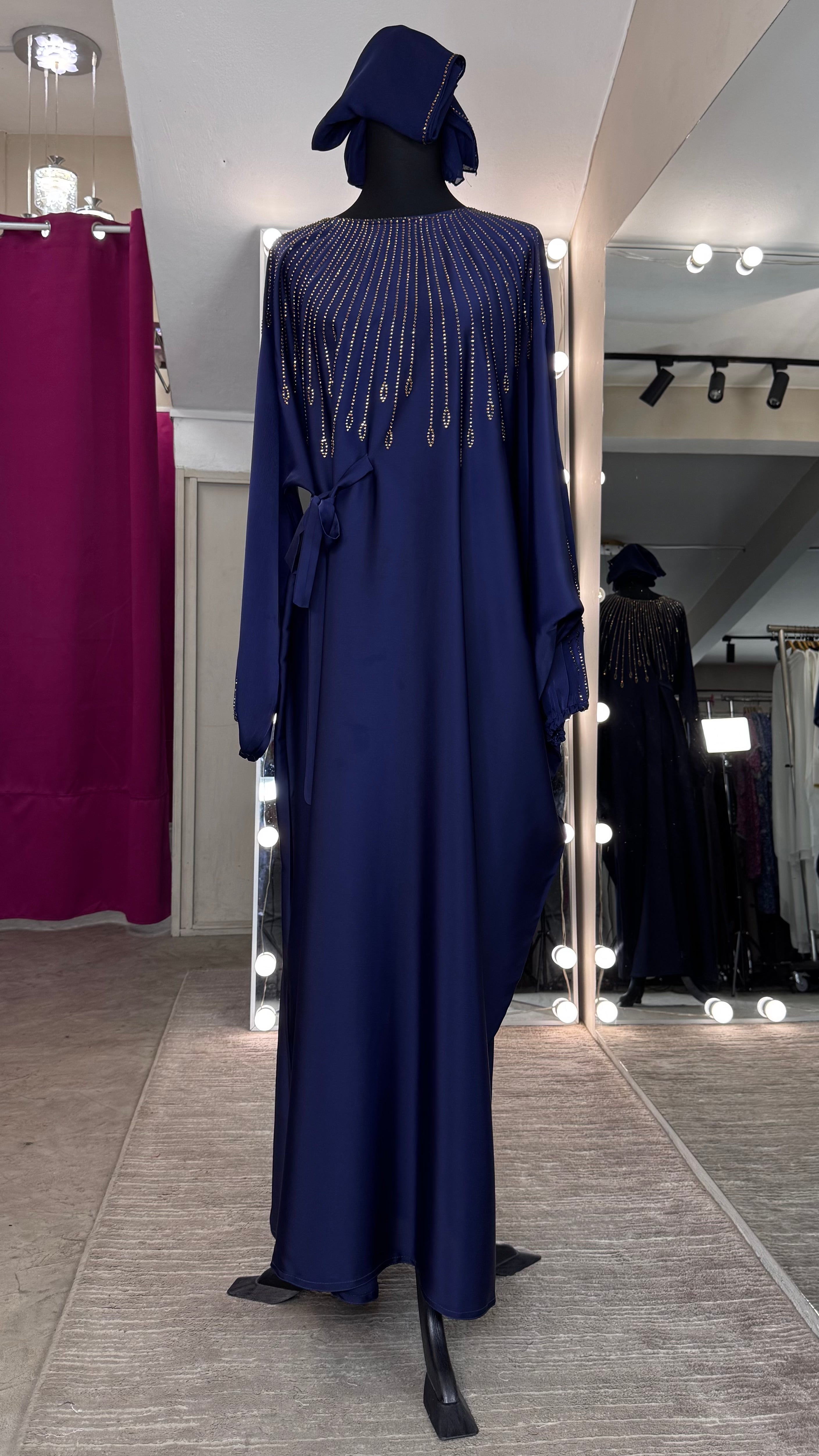 One Side Farasha Abaya Set with Hijab – Navy Blue