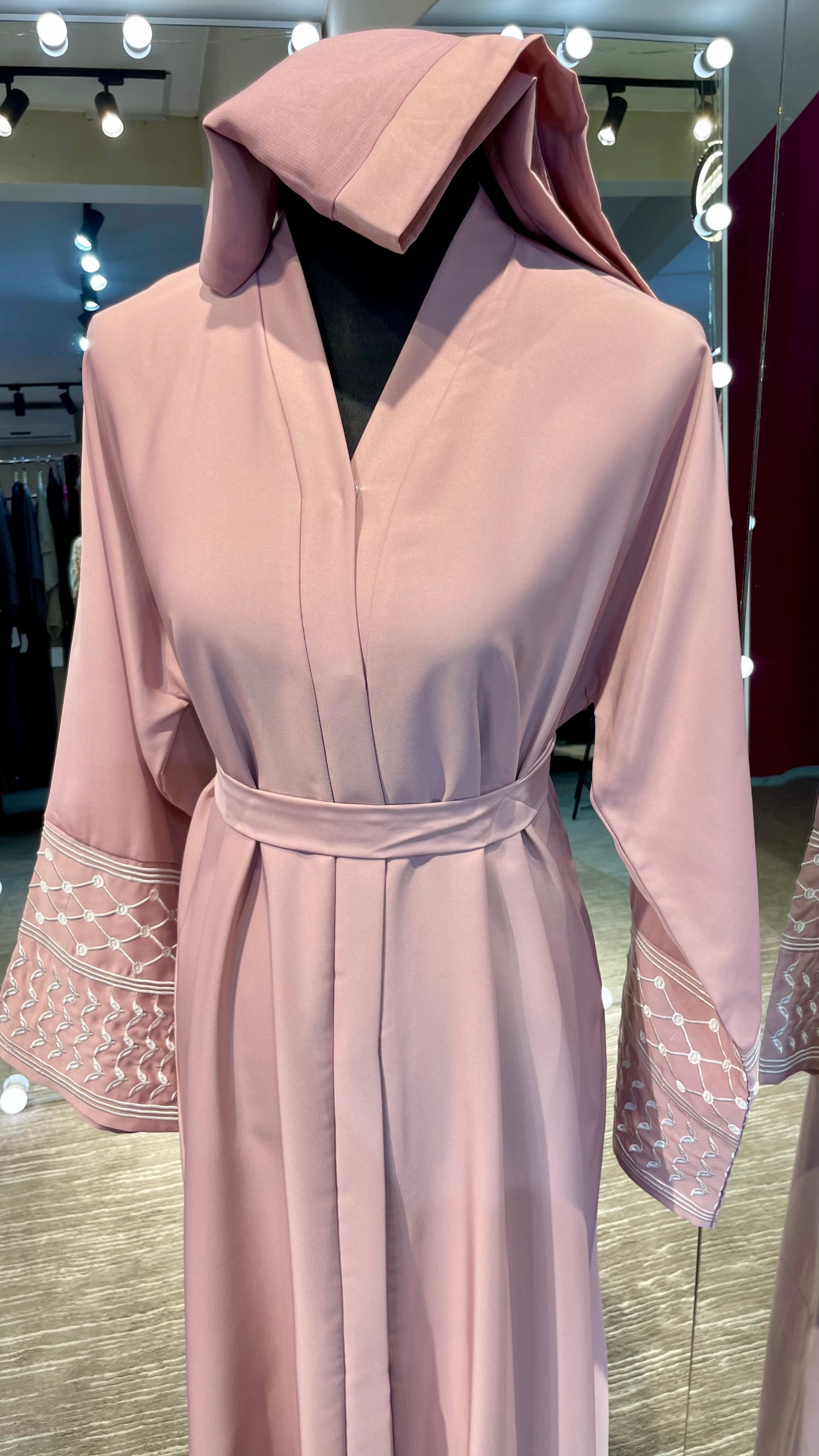 Baby Pink Nida Abaya with Kuffiyah Embroidered Sleeves