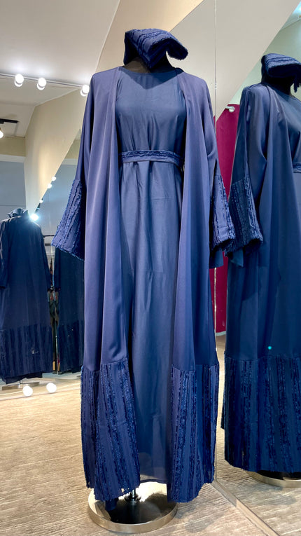 Navy Blue Abaya Robe with Striped Fabric Appliqué and pocket with Nida inner