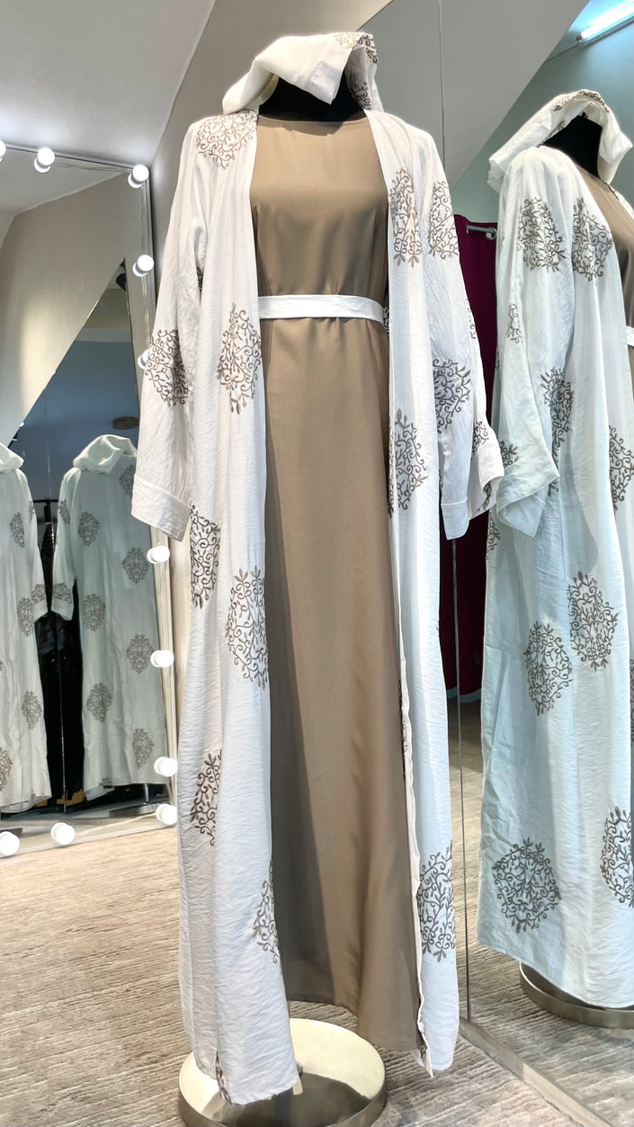 White Embroidered Robe Abaya with Taupe Inner