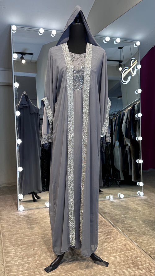 2 in 1 Abaya Set with Hijab – Gray
