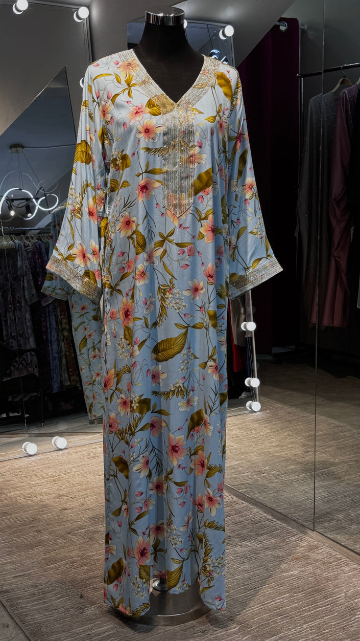 Authentic Dubai style, Viscose Staple Jalabiya Now in Mauritius Baby blue base with floral print.
