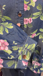 Denim 2-Piece Set –  Inner & Floral Blouse- Dark Jeans Blue