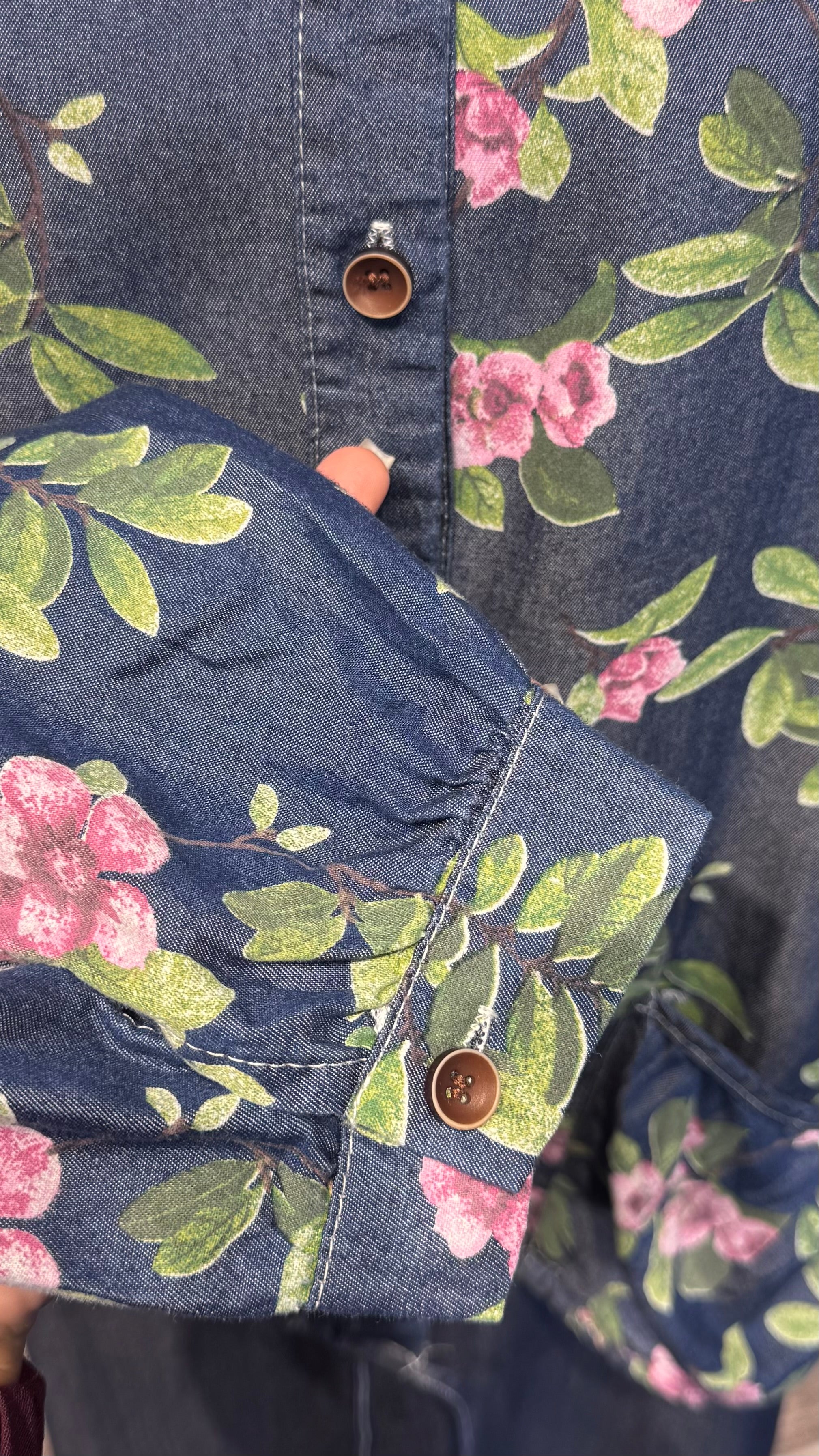 Denim 2-Piece Set –  Inner & Floral Blouse- Dark Jeans Blue