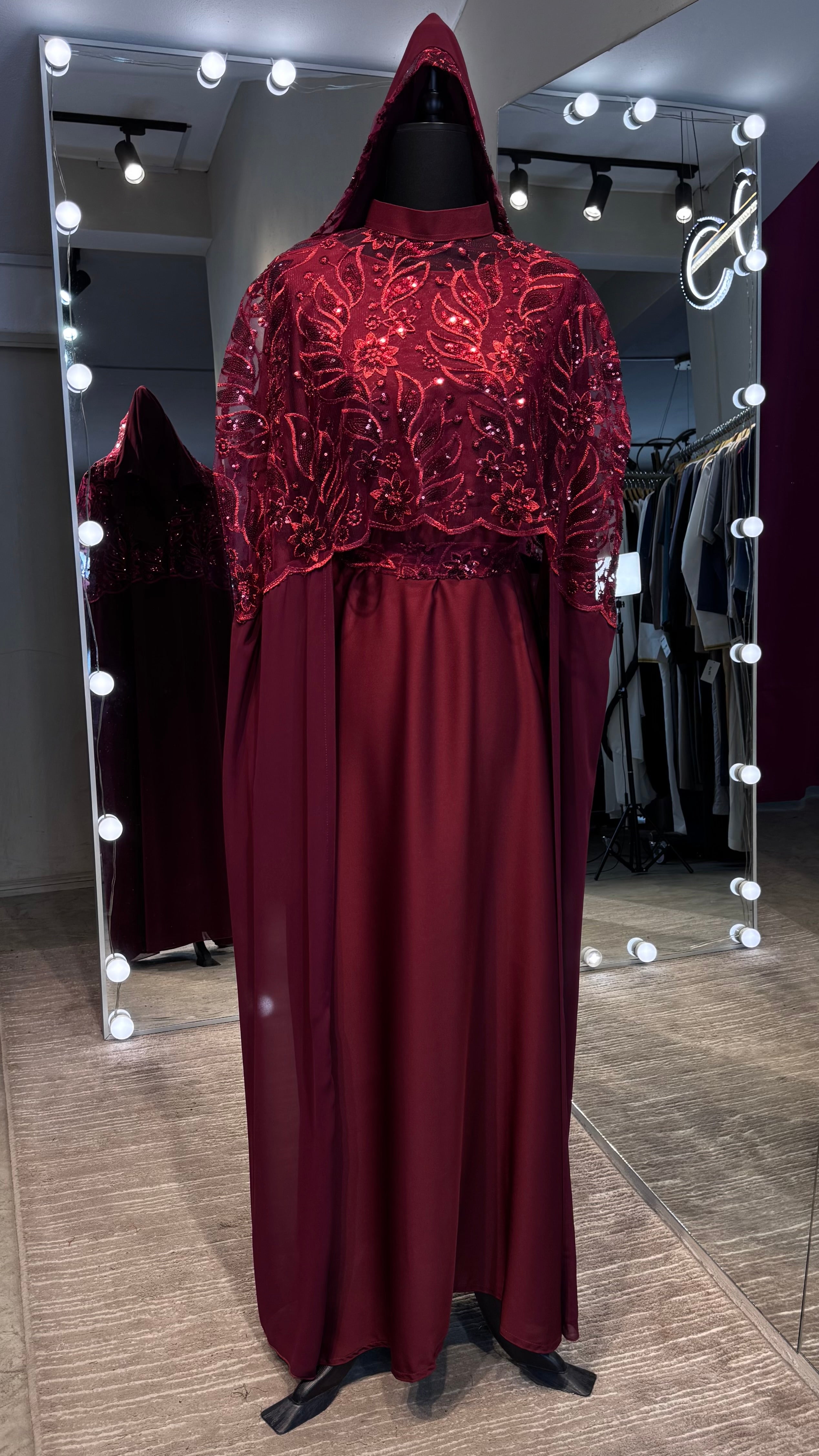 Cape Abaya Set with Hijab –Sequin, Nida & Chiffon - Maroon