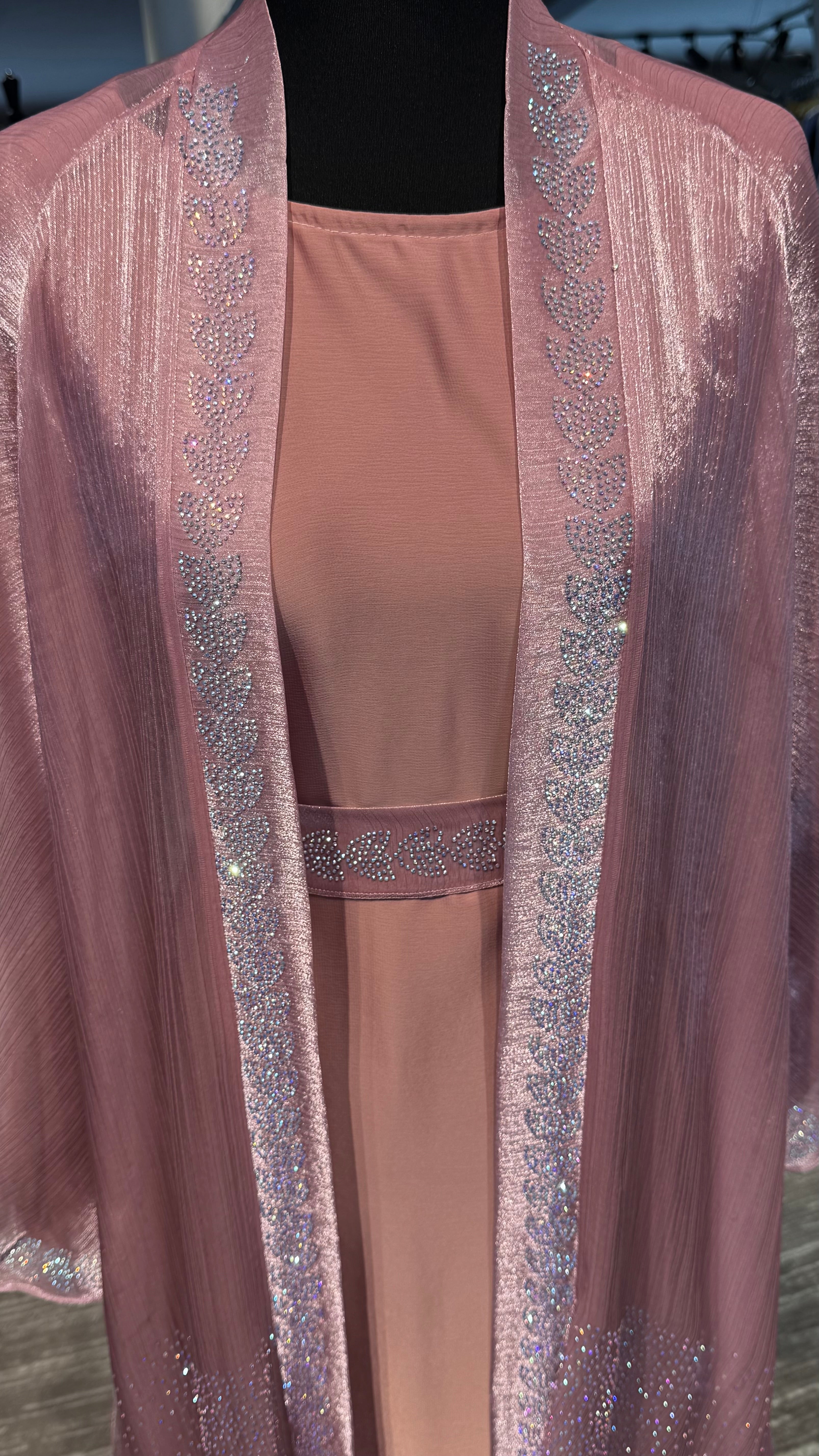 4 Piece Abaya Set with Hijab – Silky Zoom & Organza Umbrella Cut Robe- Pink