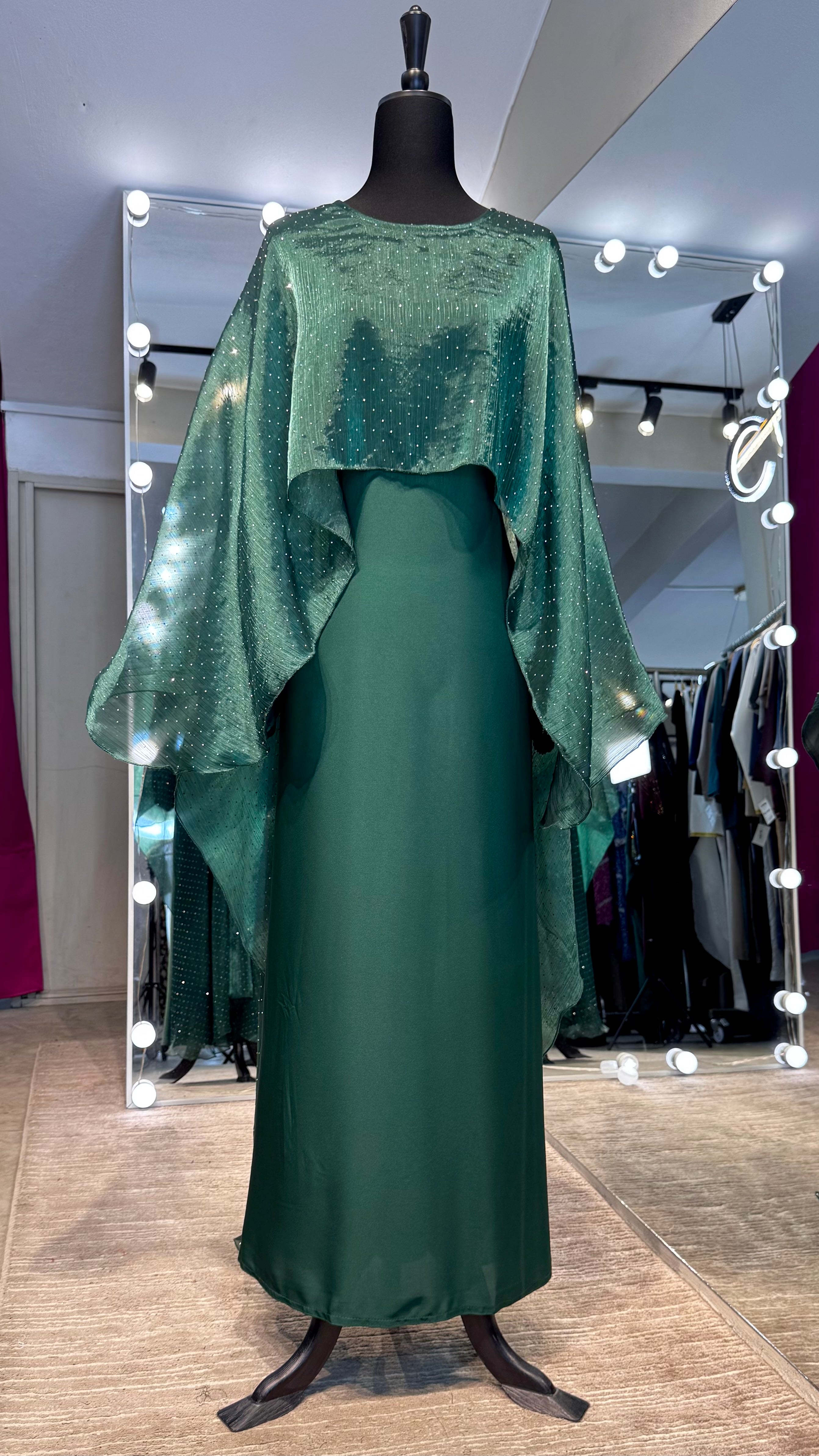 Cape Style Abaya Set with Hijab – Nida & Organza -Emerald Green