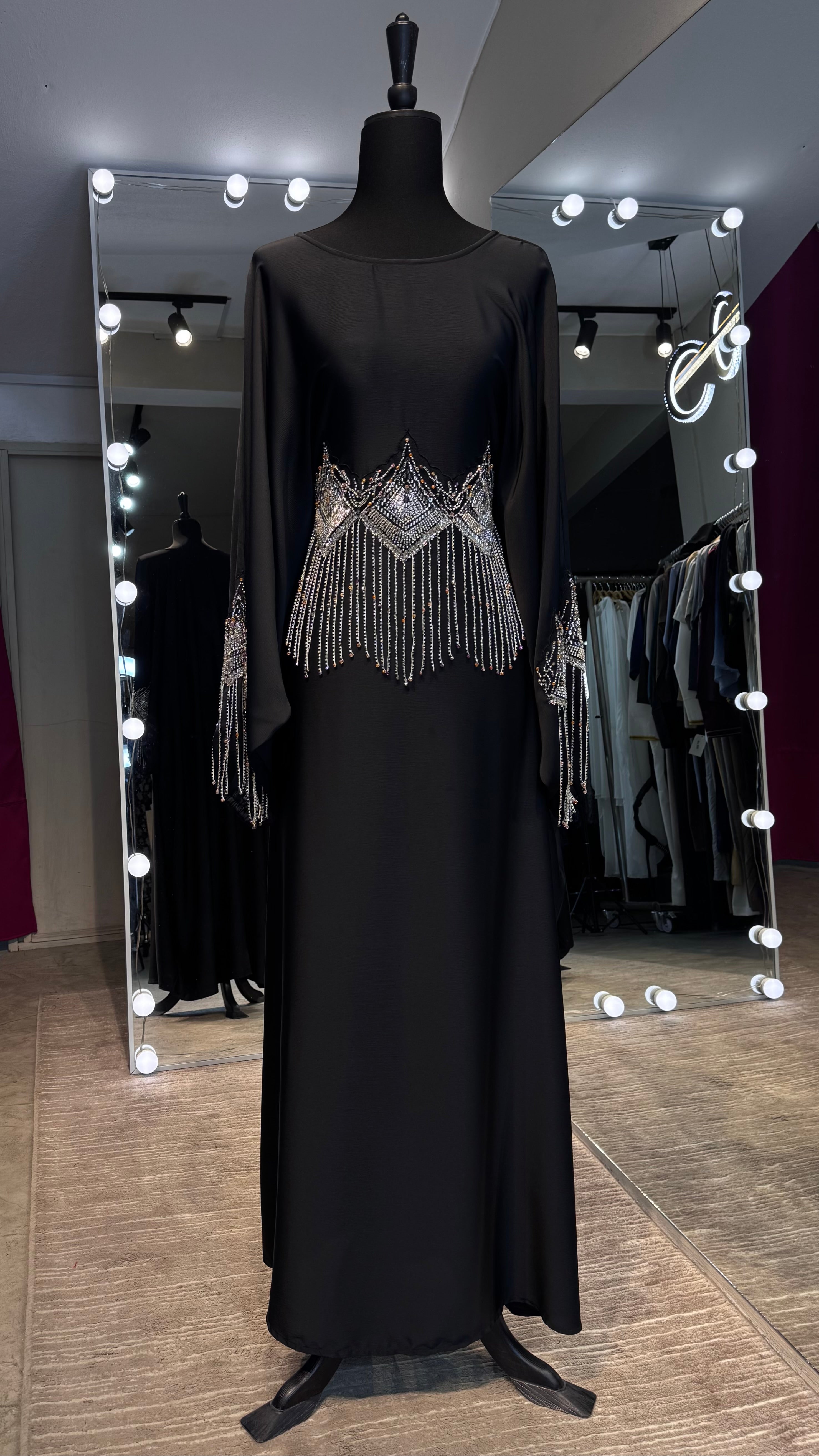 Farasha Abaya Set with Hijab – 2 Piece Beaded Modest Outfit -Black