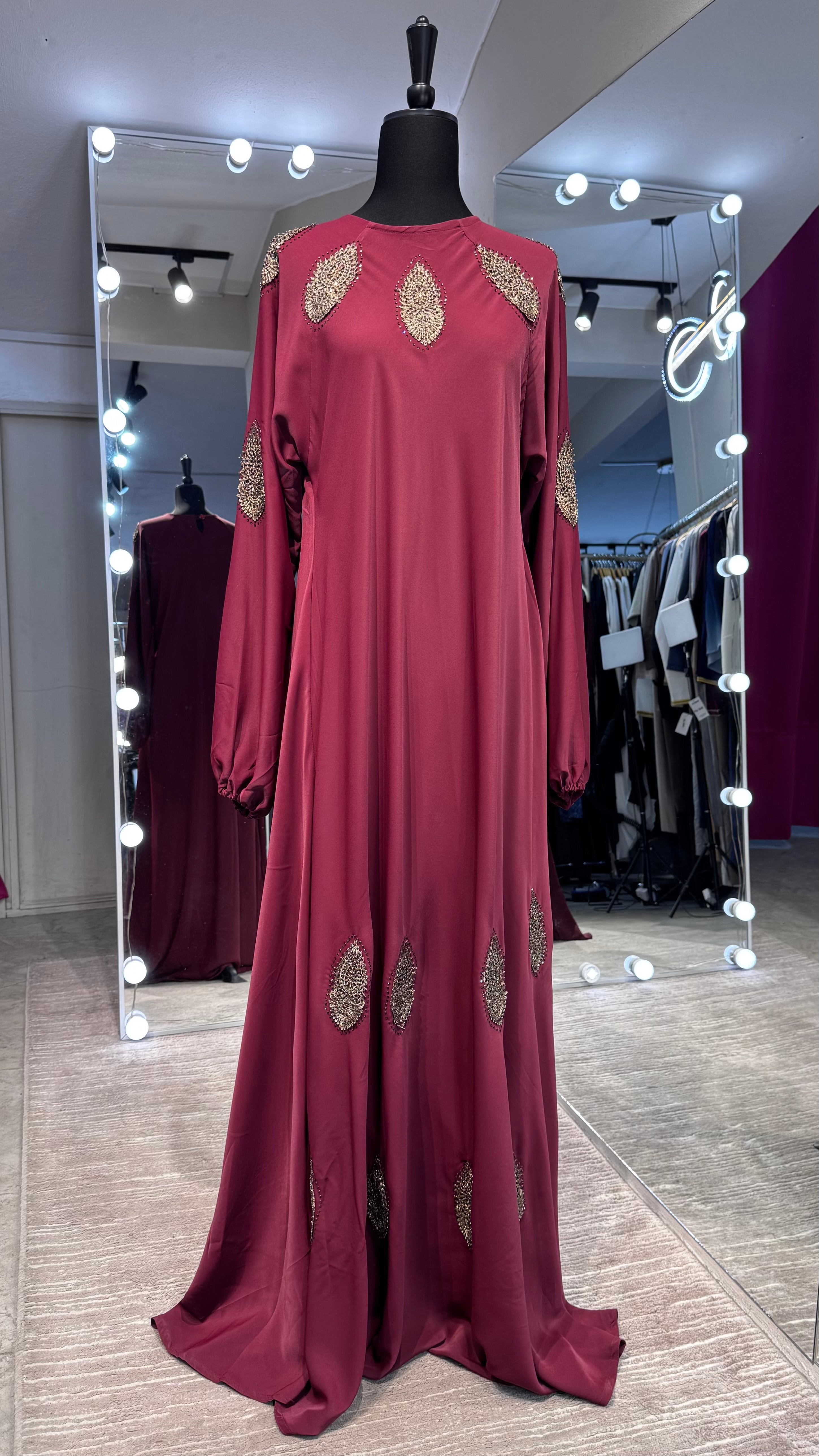 Umbrella Cut Abaya Flower patch- Maroon