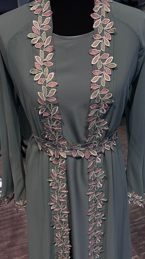 3 Piece Embroidered Abaya Set- Mint Green