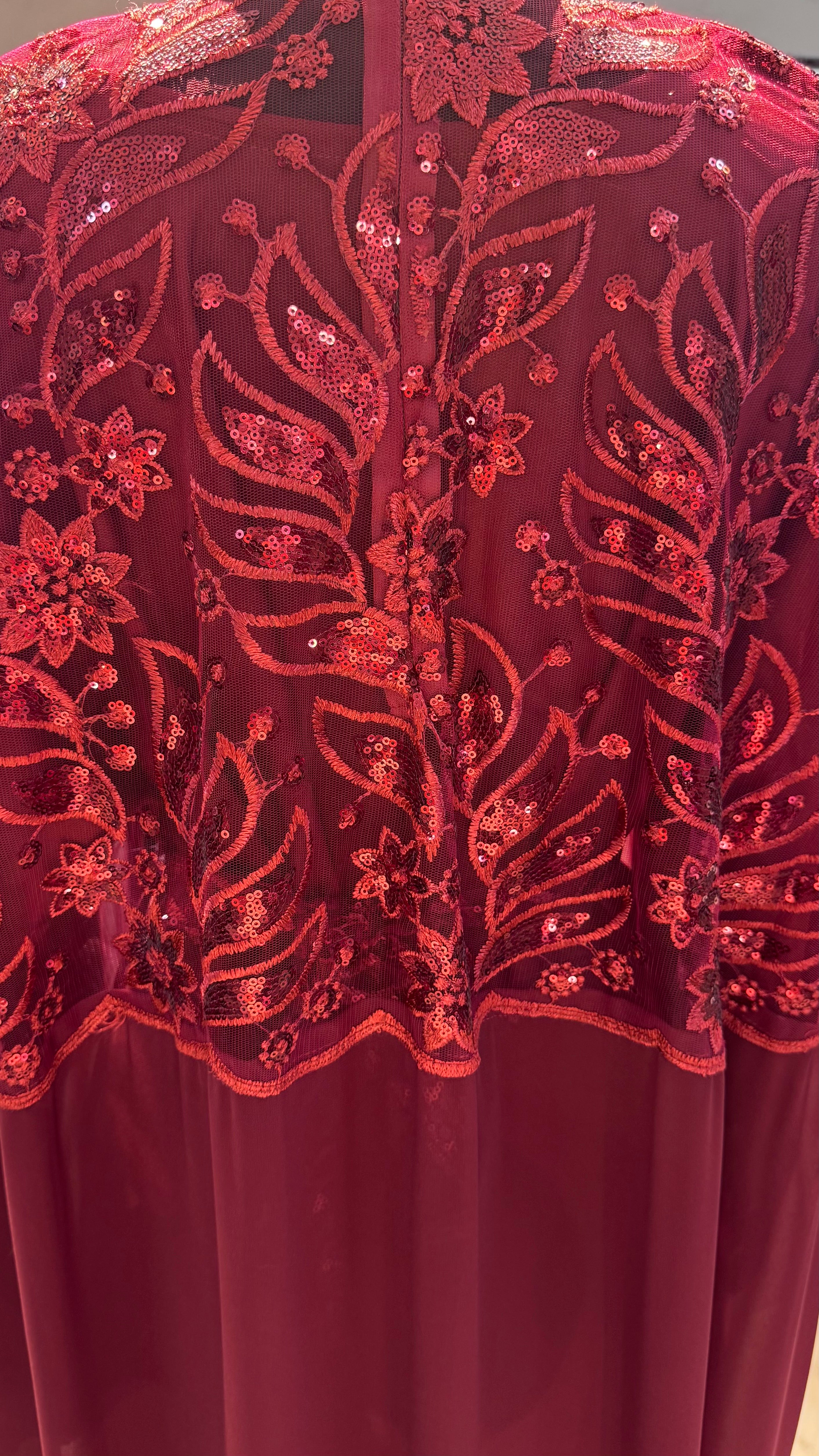 Cape Abaya Set with Hijab –Sequin, Nida & Chiffon - Maroon