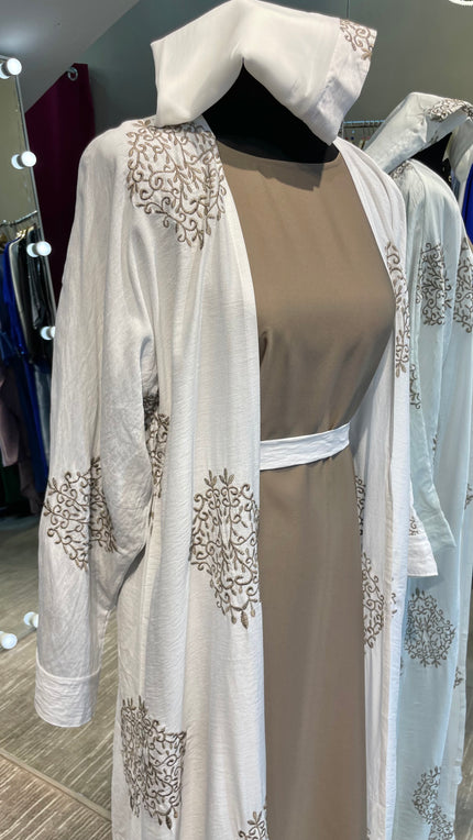 White Embroidered Robe Abaya with Taupe Inner