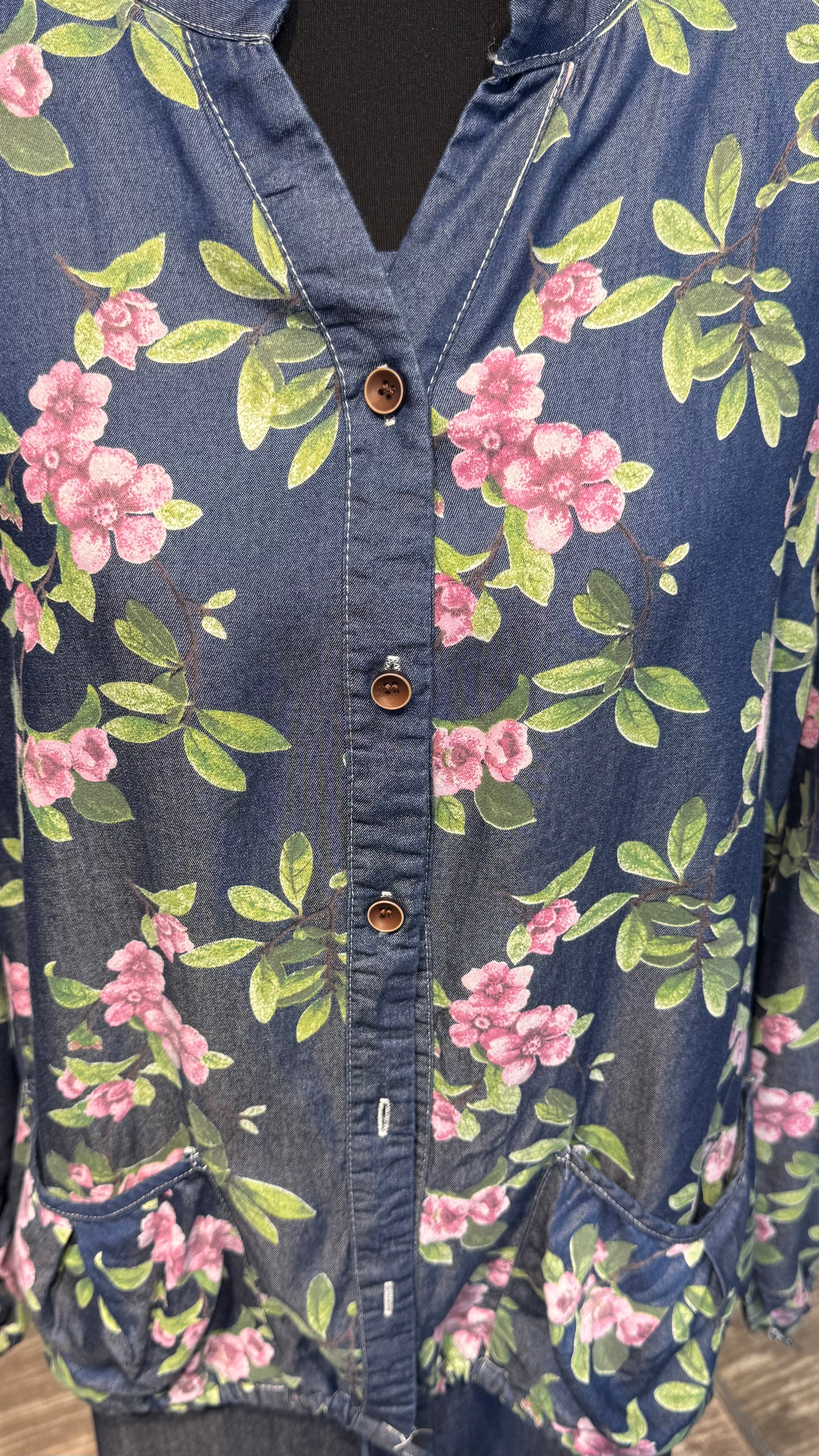 Denim 2-Piece Set –  Inner & Floral Blouse- Dark Jeans Blue