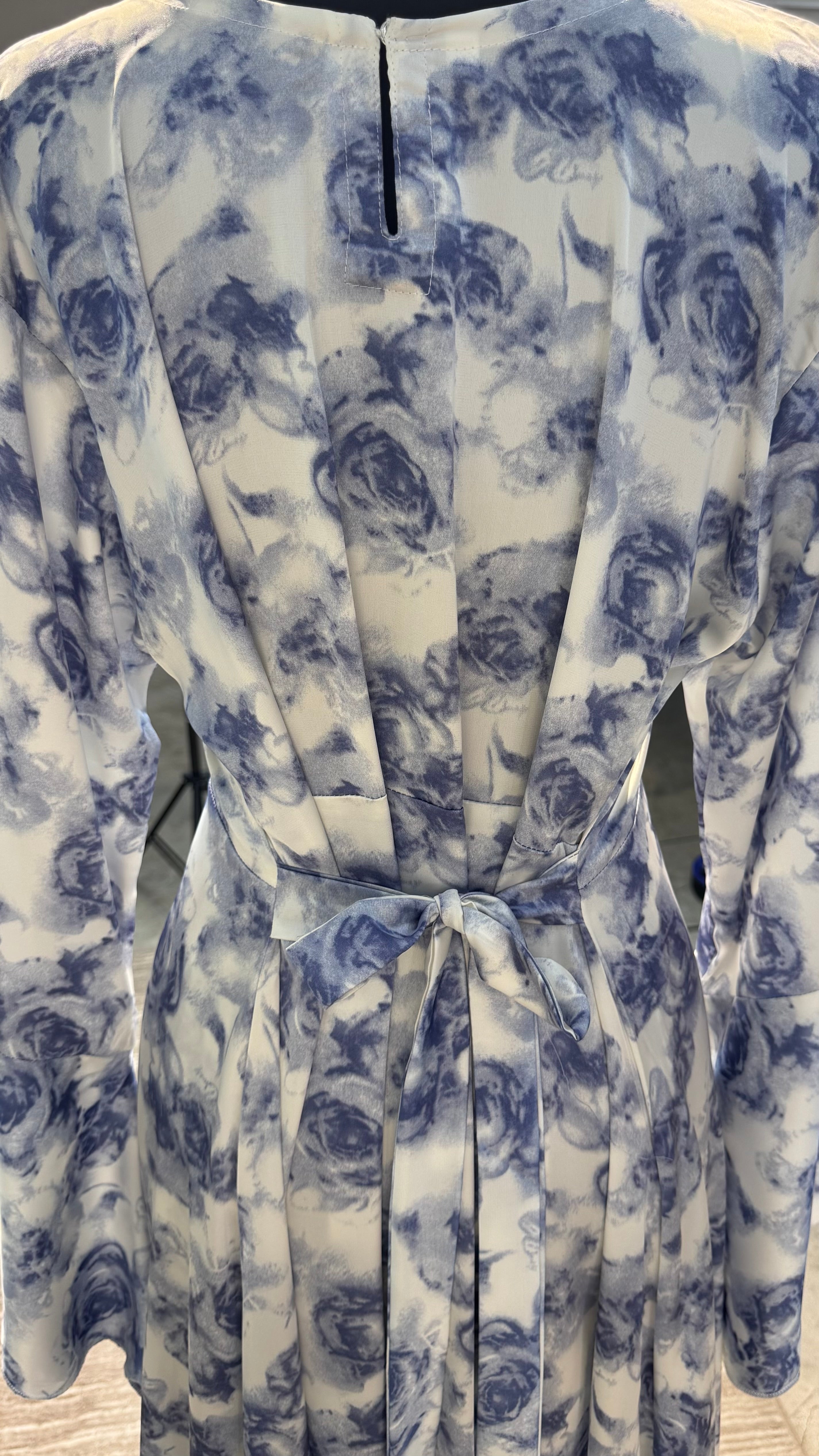 Satin Printed Casual Abaya Dress with Chiffon Hijab – 2 Piece - White & Gray Blue