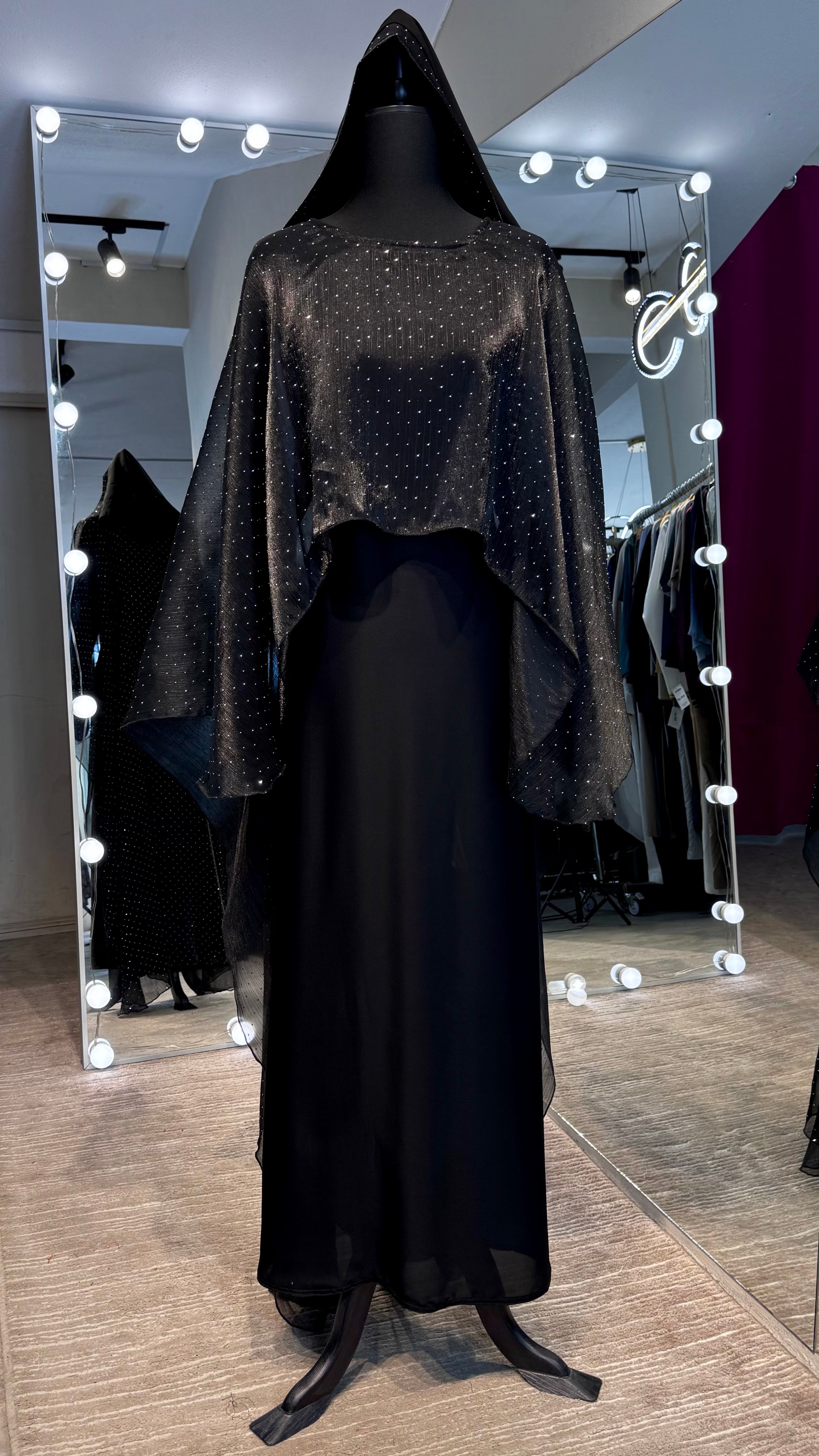 Cape Style Abaya Set with Hijab – Nida & Organza- Black
