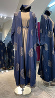 Navy Blue Embroidered Robe Abaya with Taupe Inner