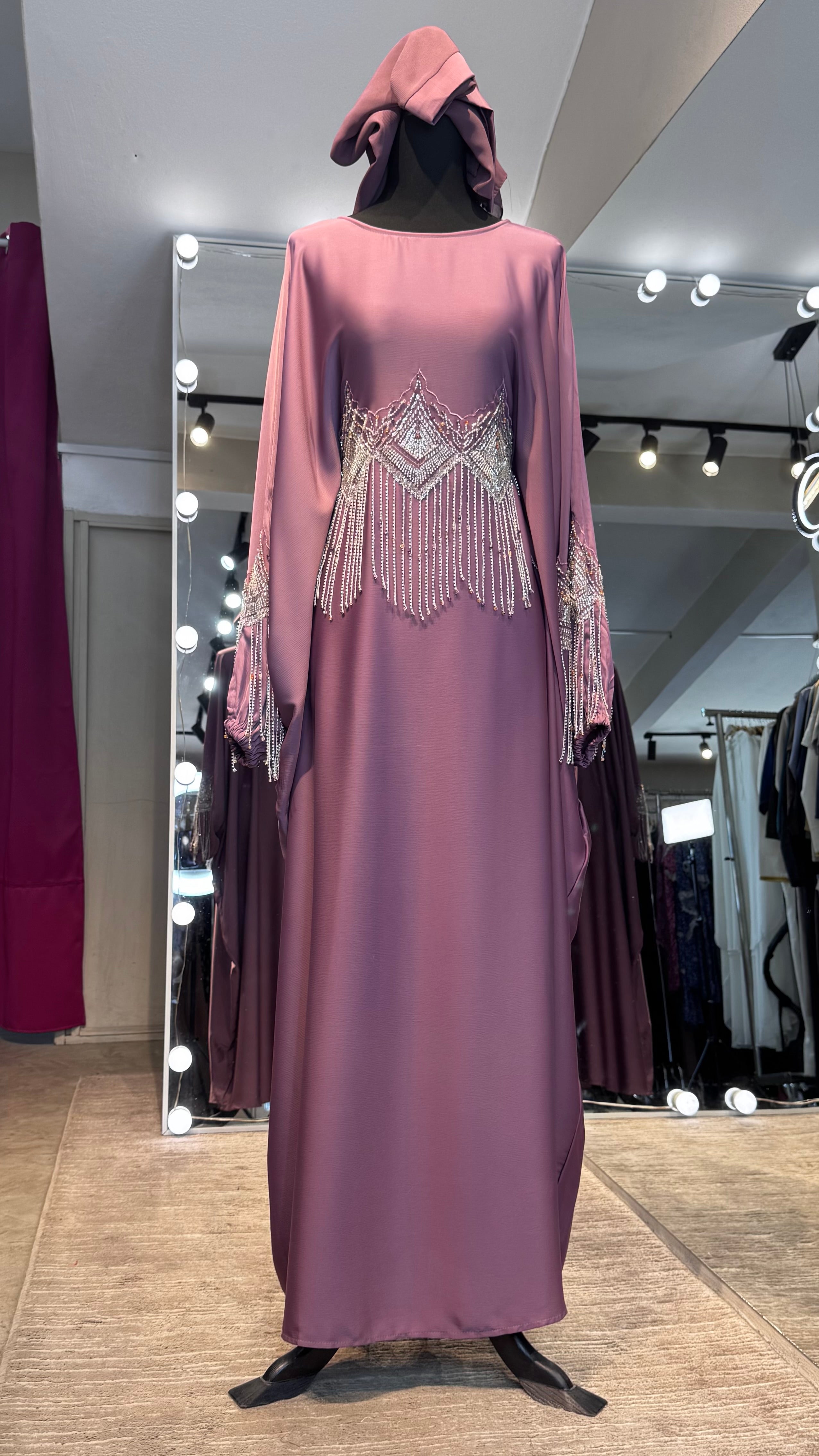 Farasha Abaya Set with Hijab – 2 Piece Beaded Modest Outfit -Rose Mauve