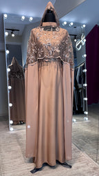 Cape Abaya Set with Hijab –Sequin, Nida & Chiffon - Nude Brown