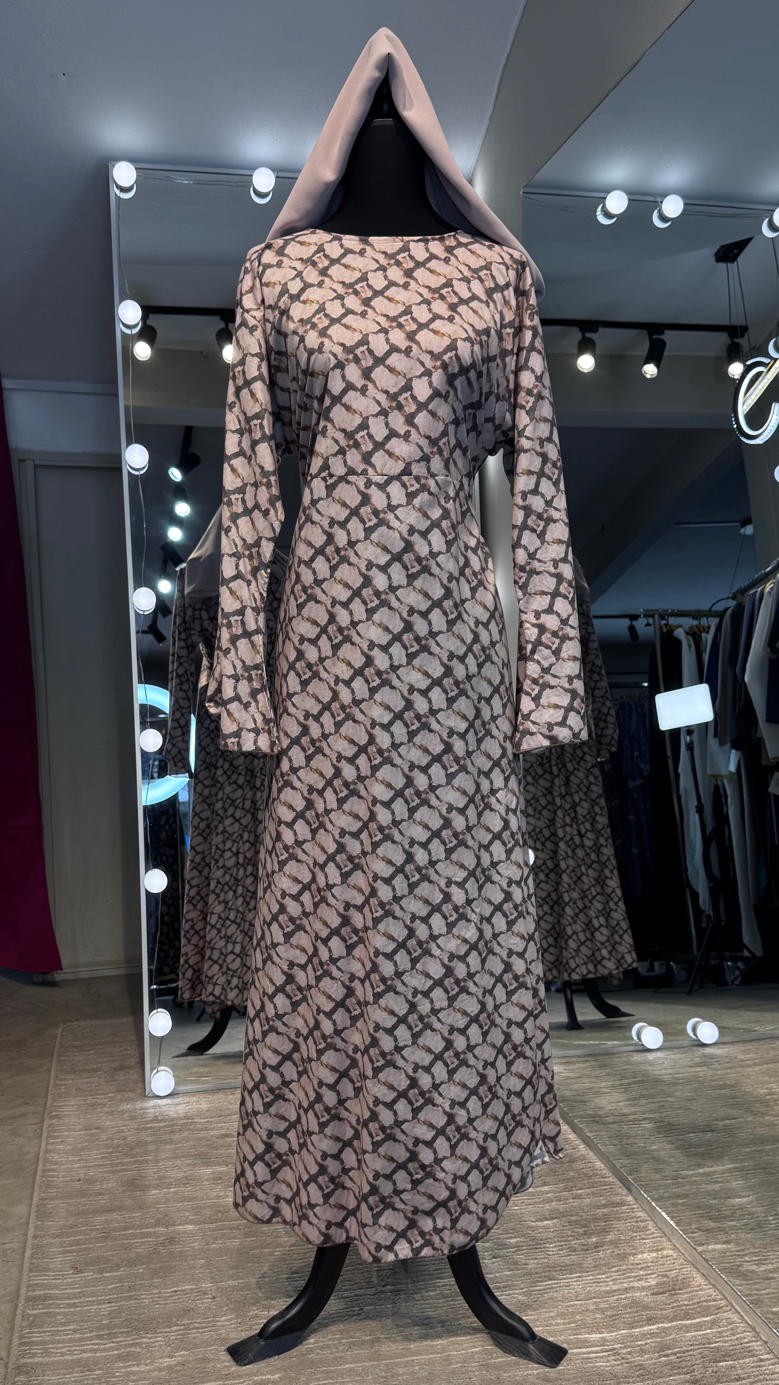 Cotton Printed Abaya Dress with Chiffon Hijab – 2 Piece - Pinkish Gray