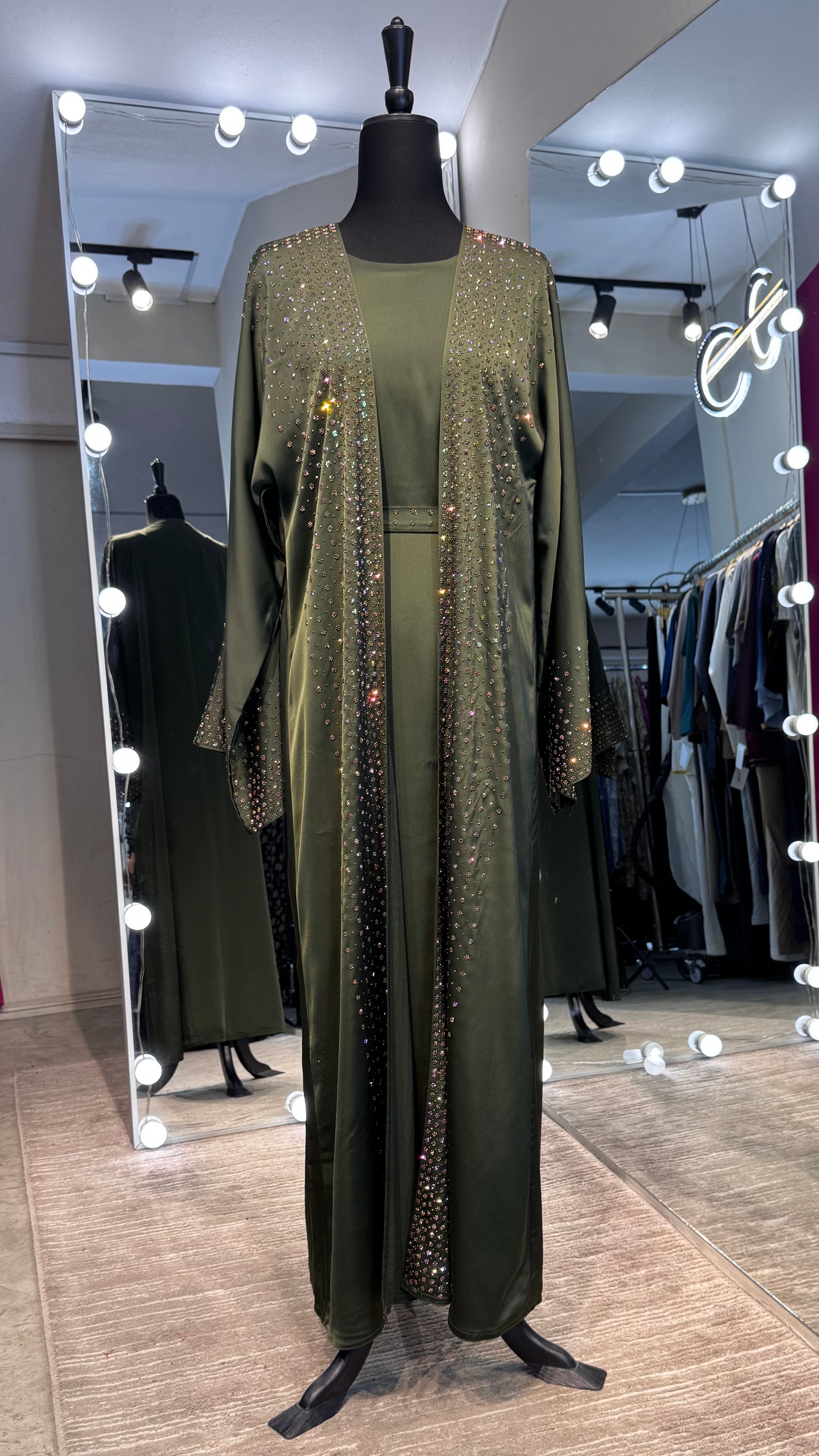 4 Piece Abaya Set with Hijab and Belt – Rainbow Stone Silky Zoom - Olive Green