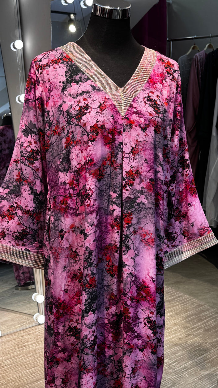 Authentic Dubai style, Viscose Staple Jalabiya Now in Mauritius. Magenta abstract print.