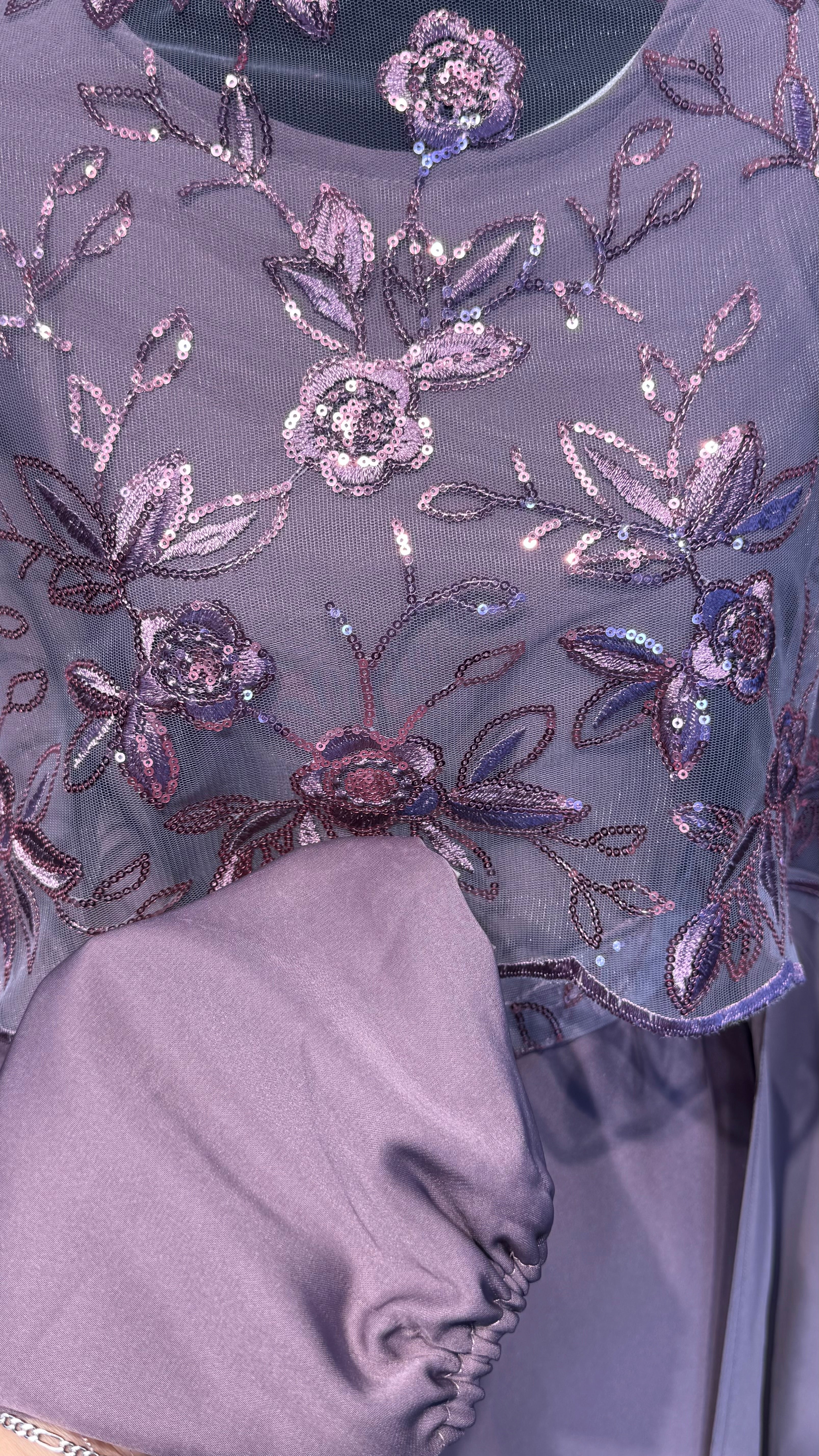 Cape Abaya Set with Hijab –Sequin, Nida & Chiffon - Dusty purple