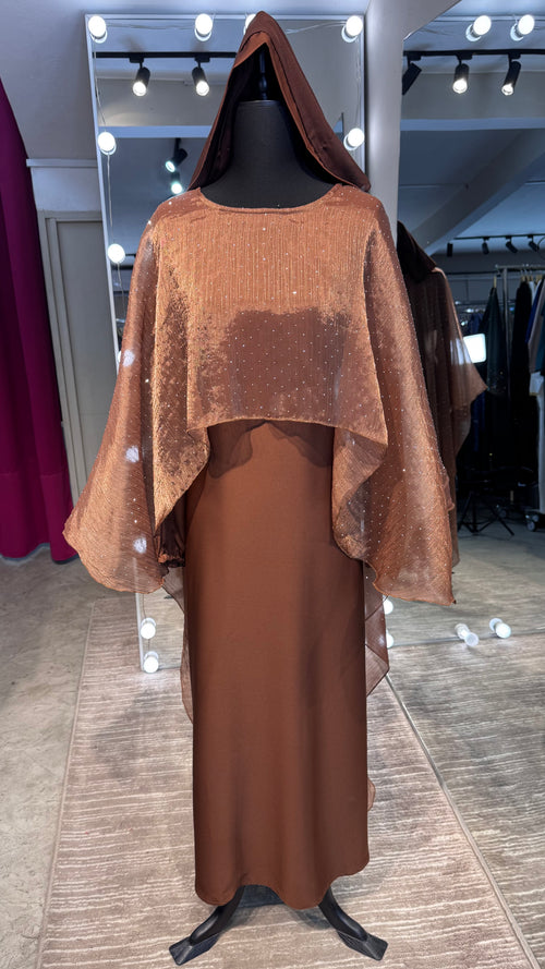 Cape Style Abaya Set with Hijab – Nida & Organza -Brown