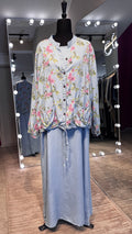 Denim 2-Piece Set –  Inner & Floral Blouse- light Blue