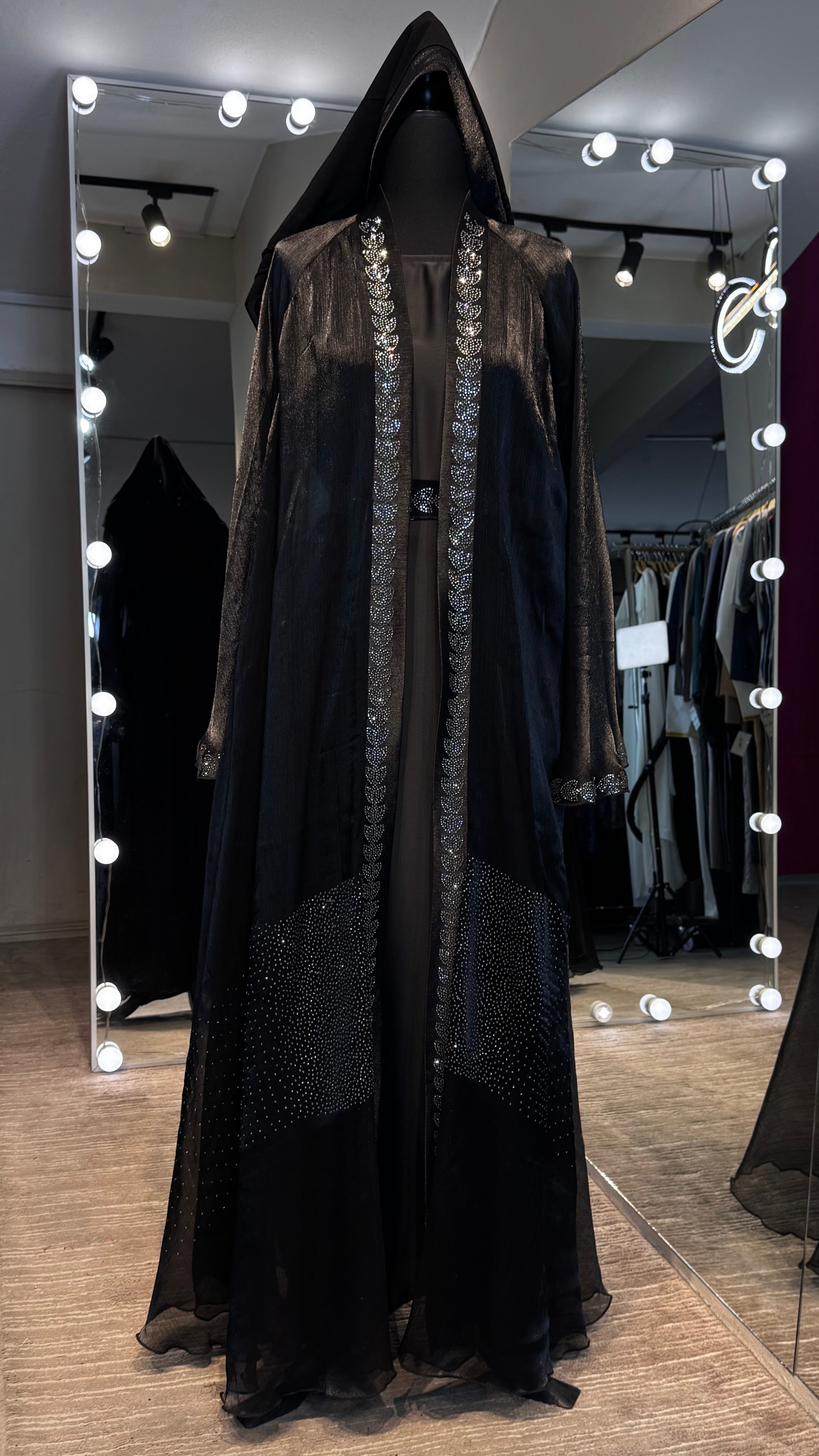4 Piece Abaya Set with Hijab – Silky Zoom & Organza Umbrella Cut Robe- Black
