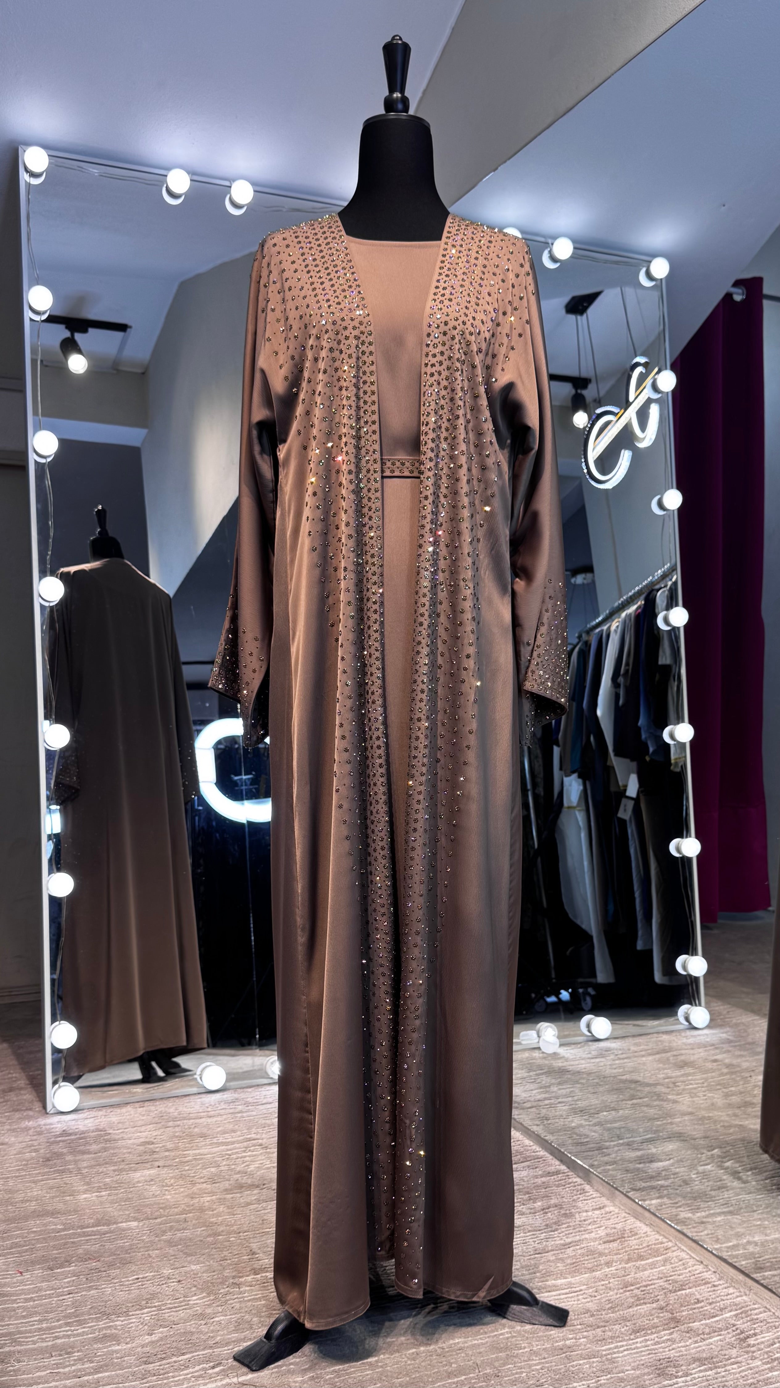 4 Piece Abaya Set with Hijab and Belt – Rainbow Stone Silky Zoom - Taupe