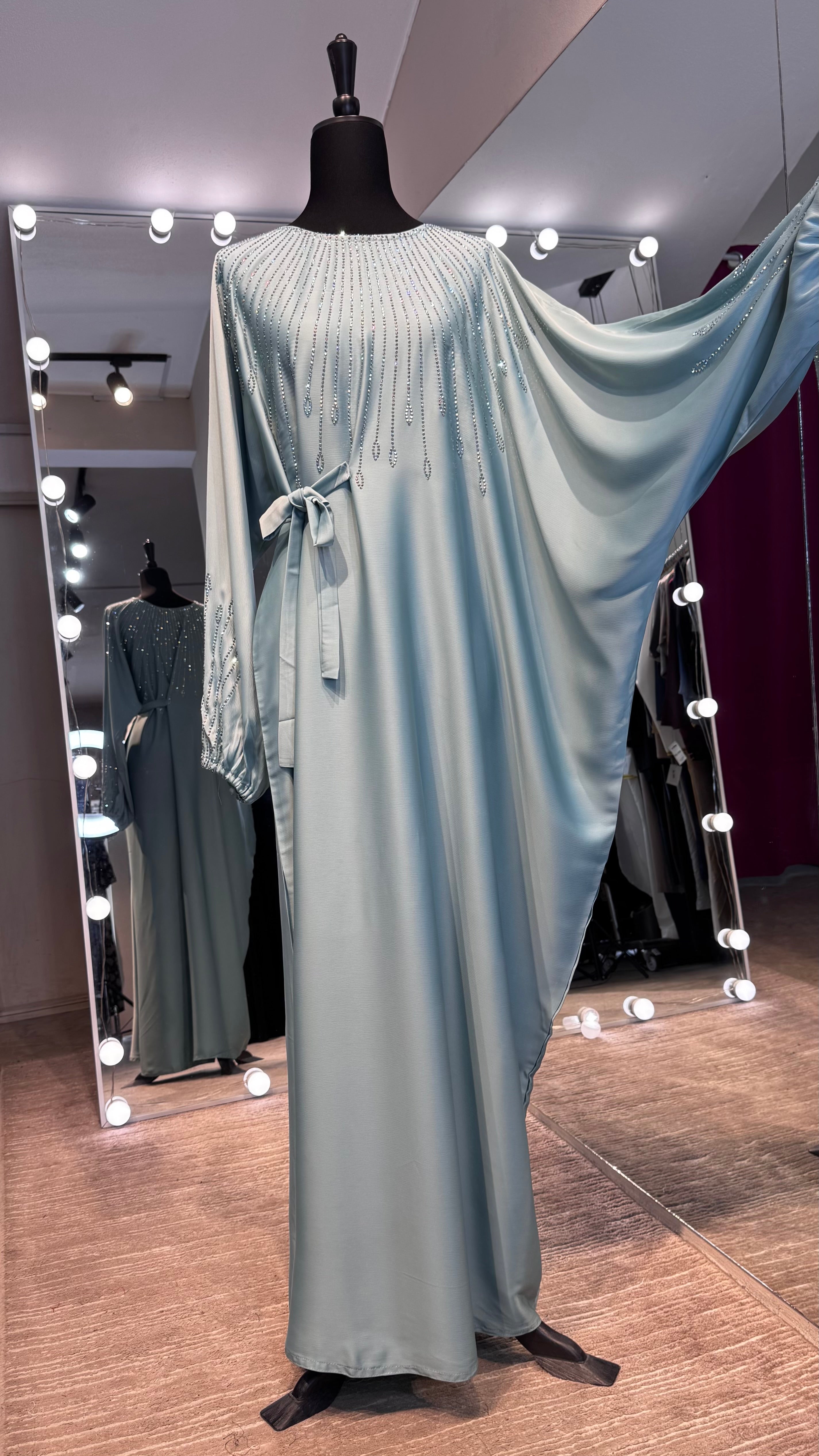 One Side Farasha Abaya Set with Hijab – Mint Green