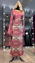 Satin Printed Casual Abaya Dress with Chiffon Hijab – 2 Piece - Fuchsia