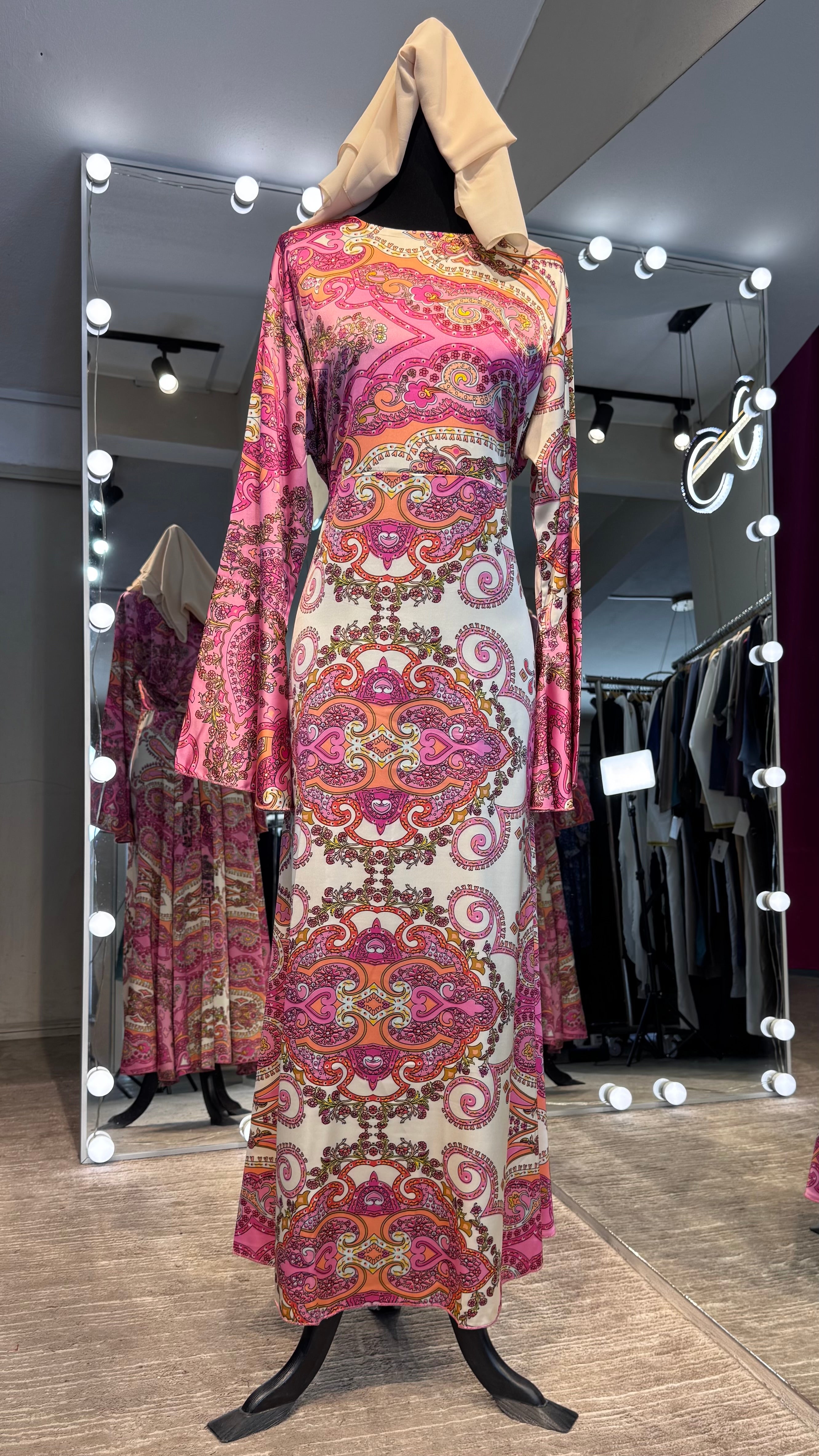 Satin Printed Casual Abaya Dress with Chiffon Hijab – 2 Piece - Fuchsia
