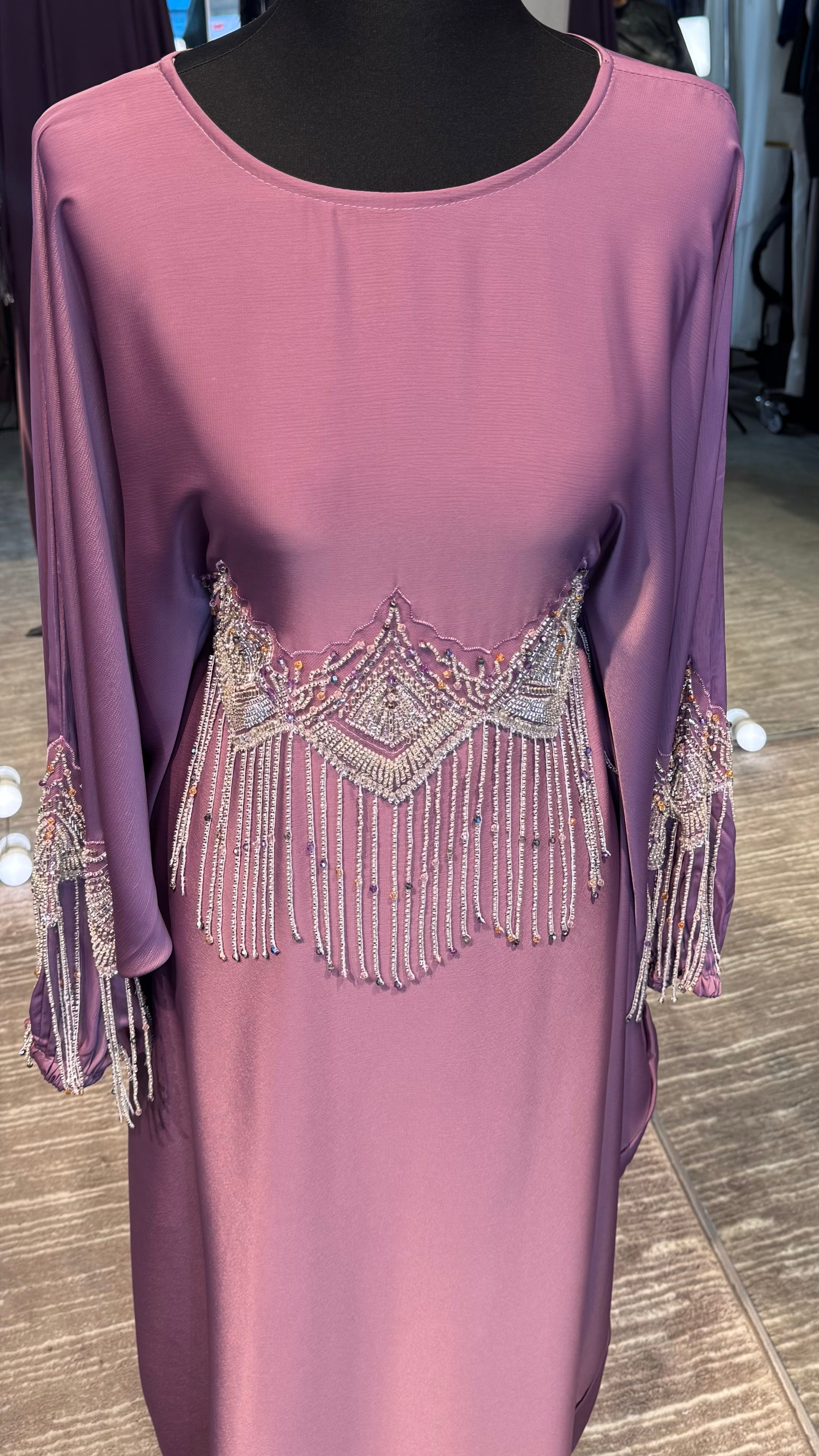 Farasha Abaya Set with Hijab – 2 Piece Beaded Modest Outfit -Rose Mauve