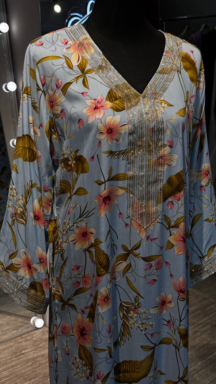 Authentic Dubai style, Viscose Staple Jalabiya Now in Mauritius Baby blue base with floral print.