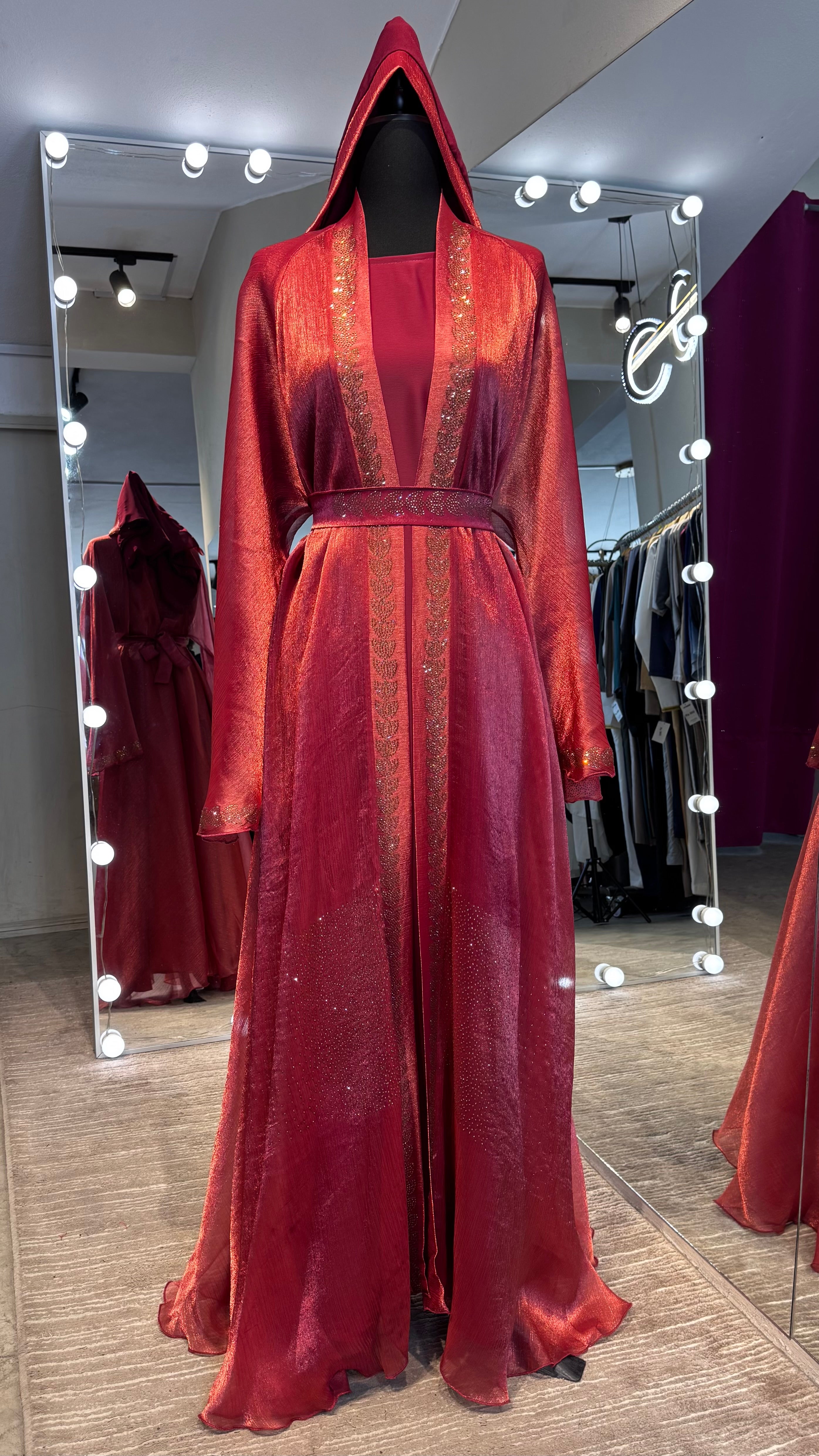 4 Piece Abaya Set with Hijab – Silky Zoom & Organza Umbrella Cut Robe- Maroon