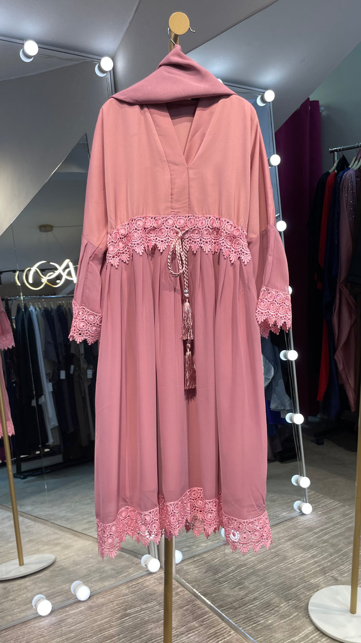 Kids A-Line Nida and Chiffon combination Abaya Dress with lace lining and stones