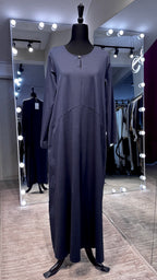 Cotton Dress with Line & Button Design- Dark Blue