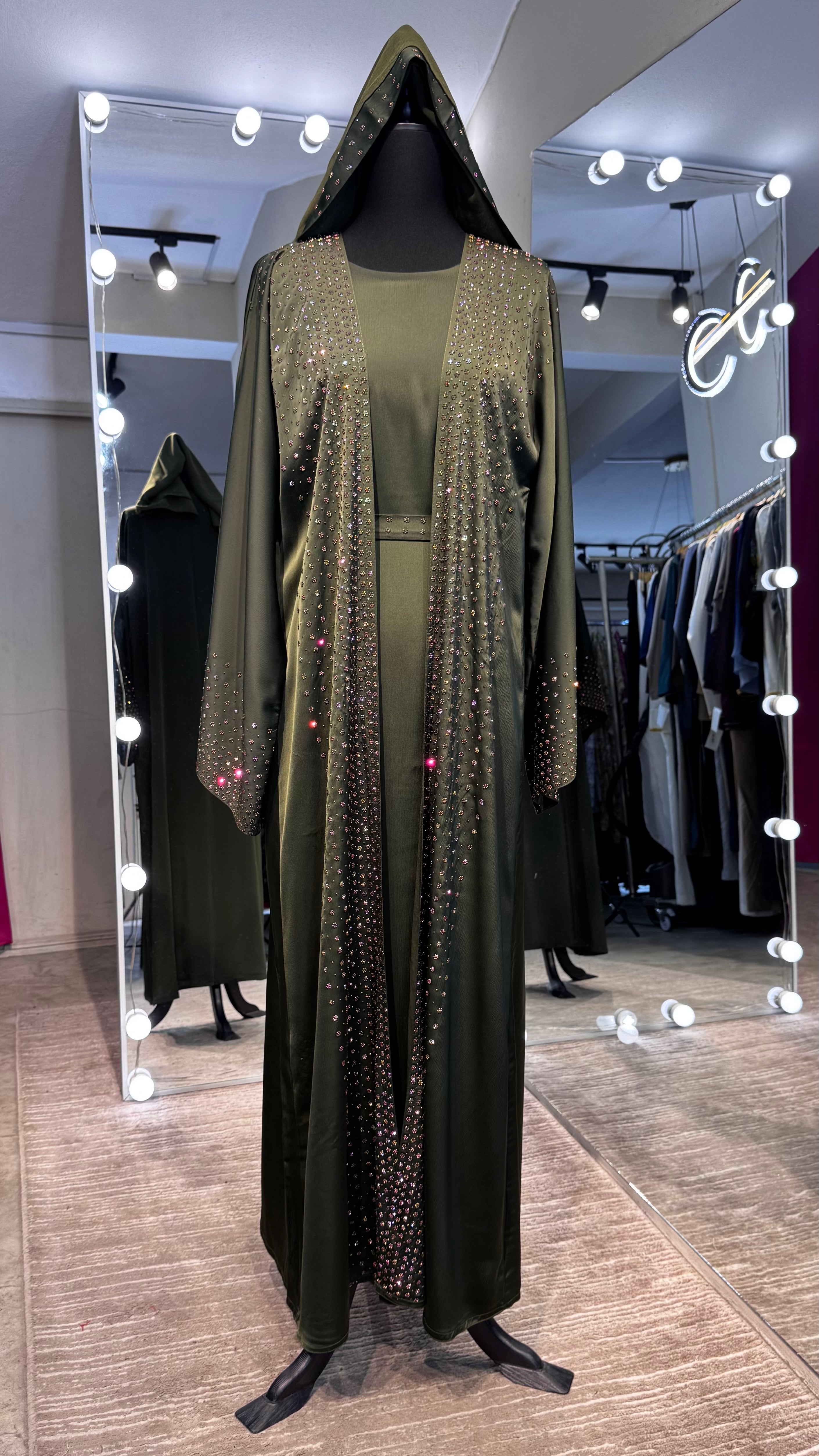 4 Piece Abaya Set with Hijab and Belt – Rainbow Stone Silky Zoom - Olive Green