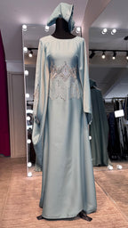 Original Design Farasha Abaya Set with Hijab – 2 Piece Beaded Modest Outfit -Mint green