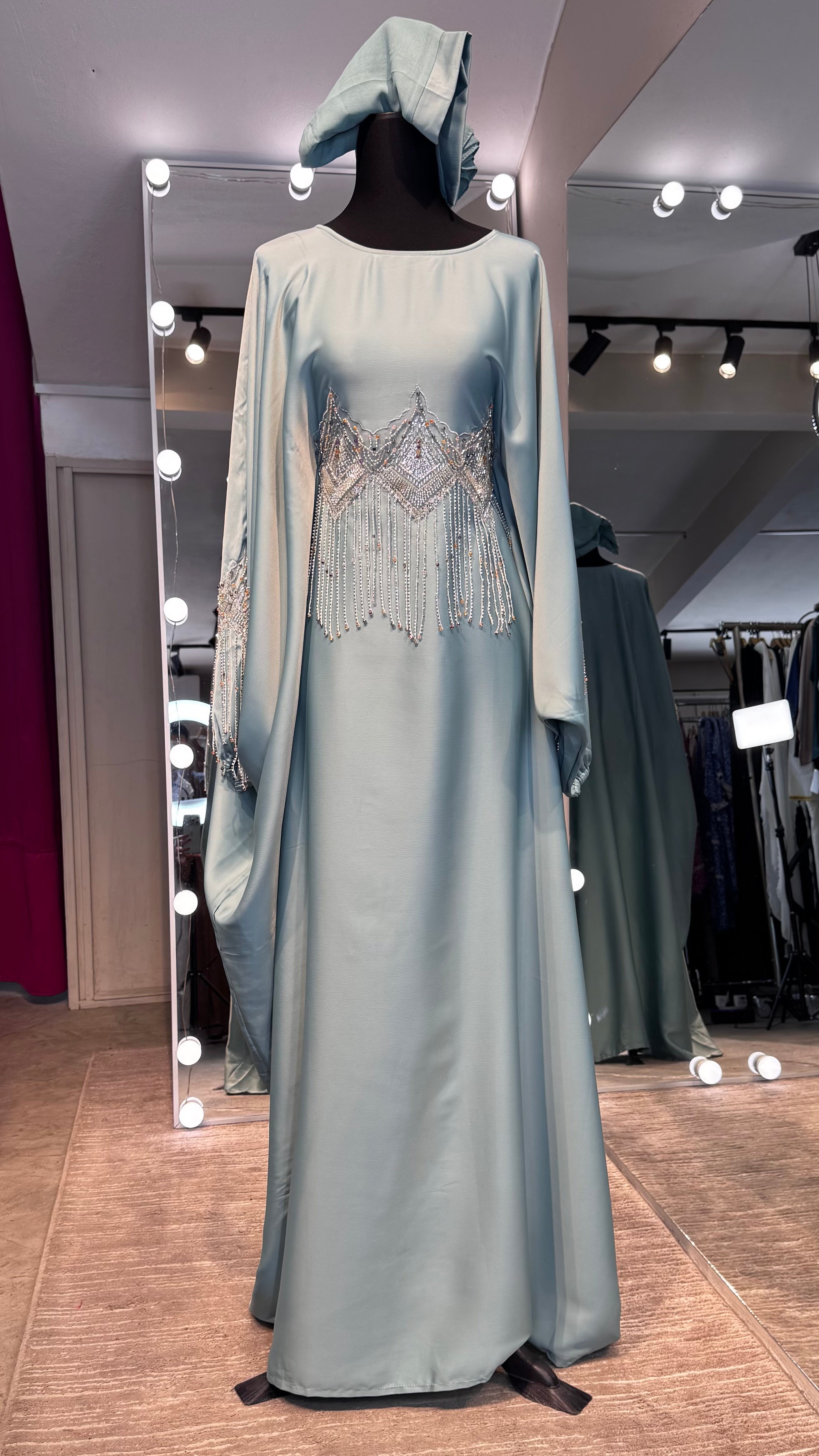 Farasha Abaya Set with Hijab – 2 Piece Beaded Modest Outfit -Mint green