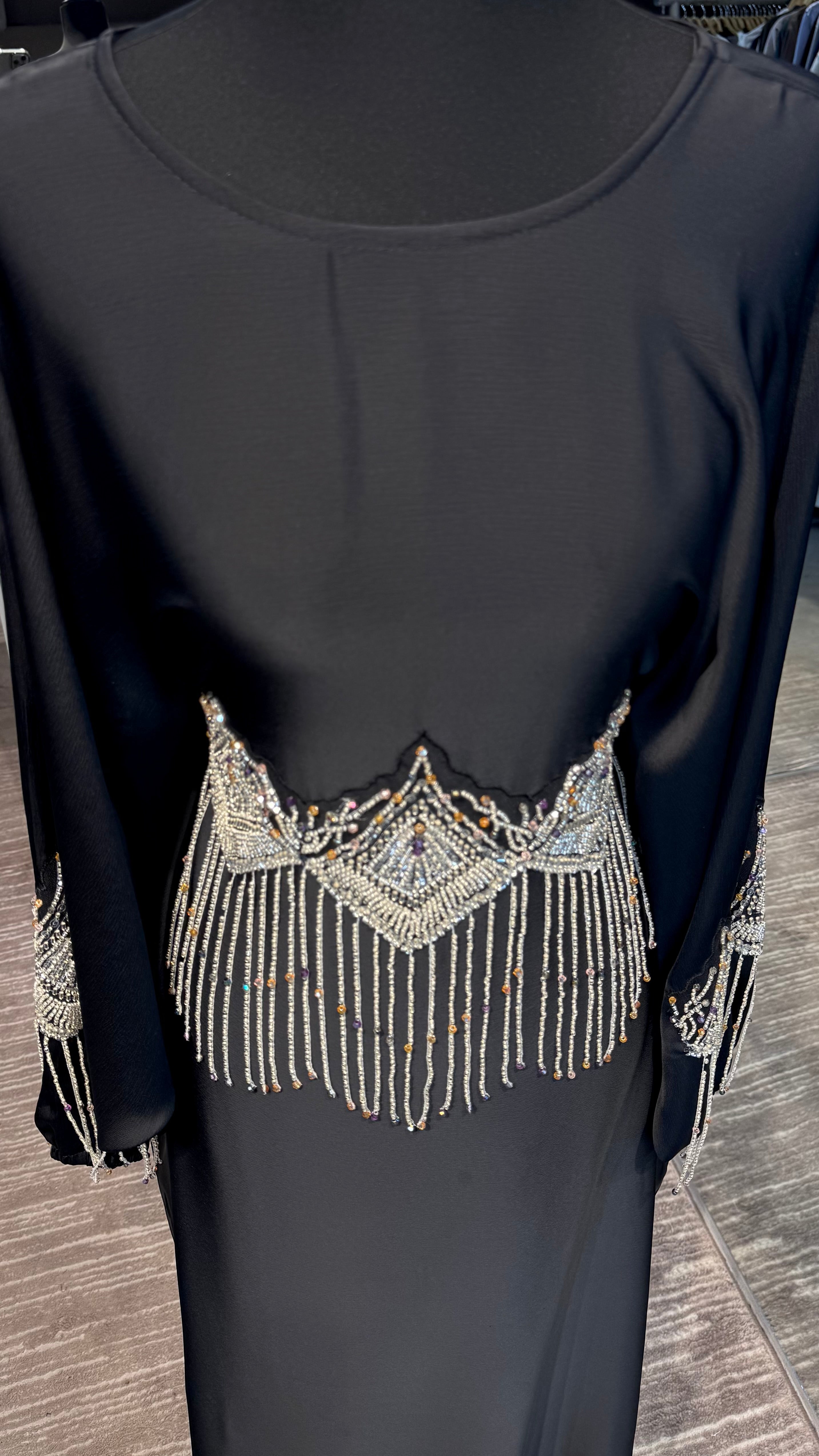 Farasha Abaya Set with Hijab – 2 Piece Beaded Modest Outfit -Black