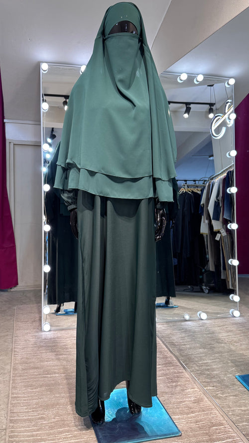 2-layers chiffon khimar Set- Dark green