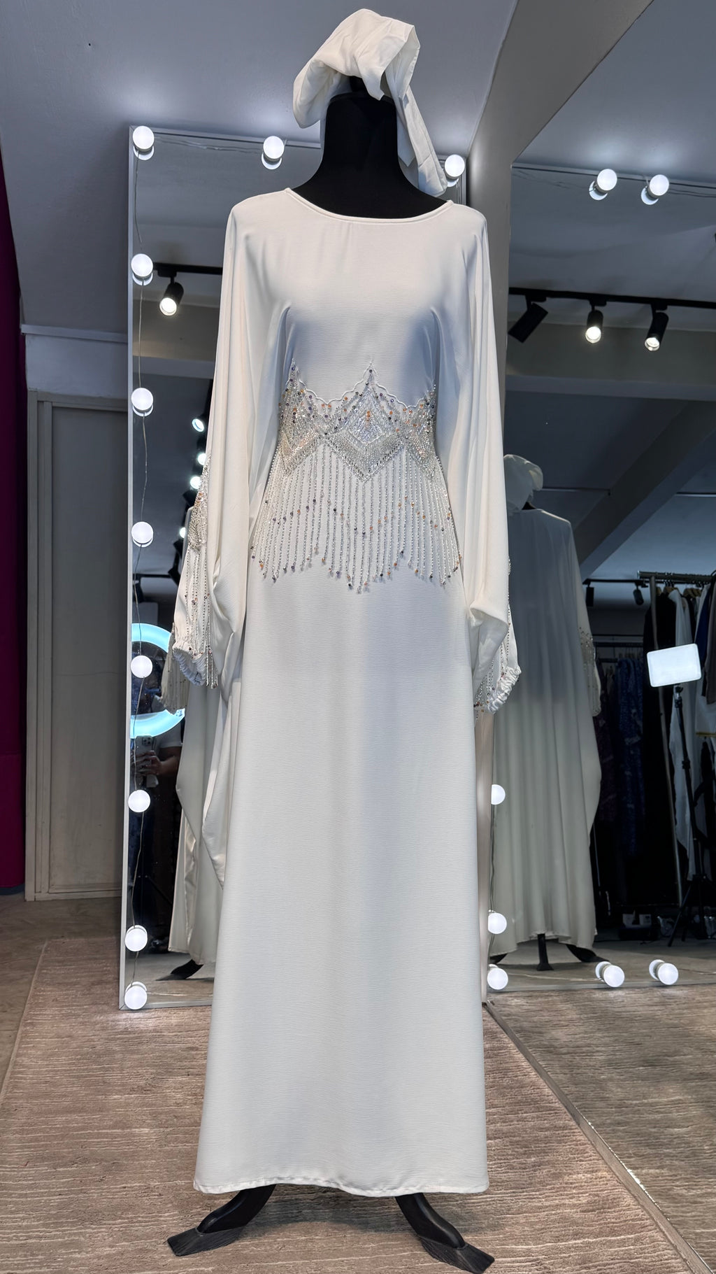 Farasha Abaya Set with Hijab – 2 Piece Beaded Modest Outfit -White