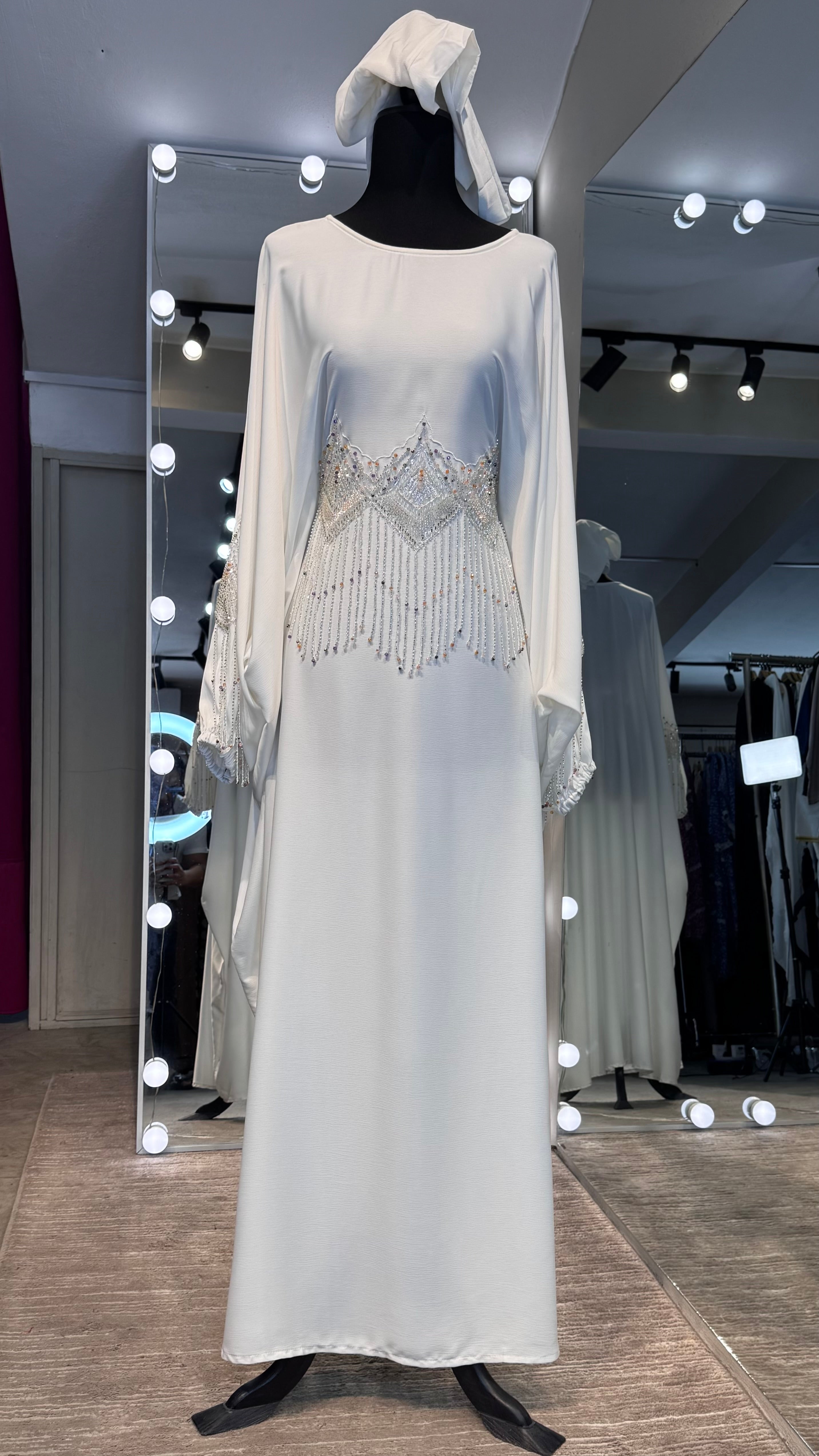 Farasha Abaya Set with Hijab – 2 Piece Beaded Modest Outfit -White