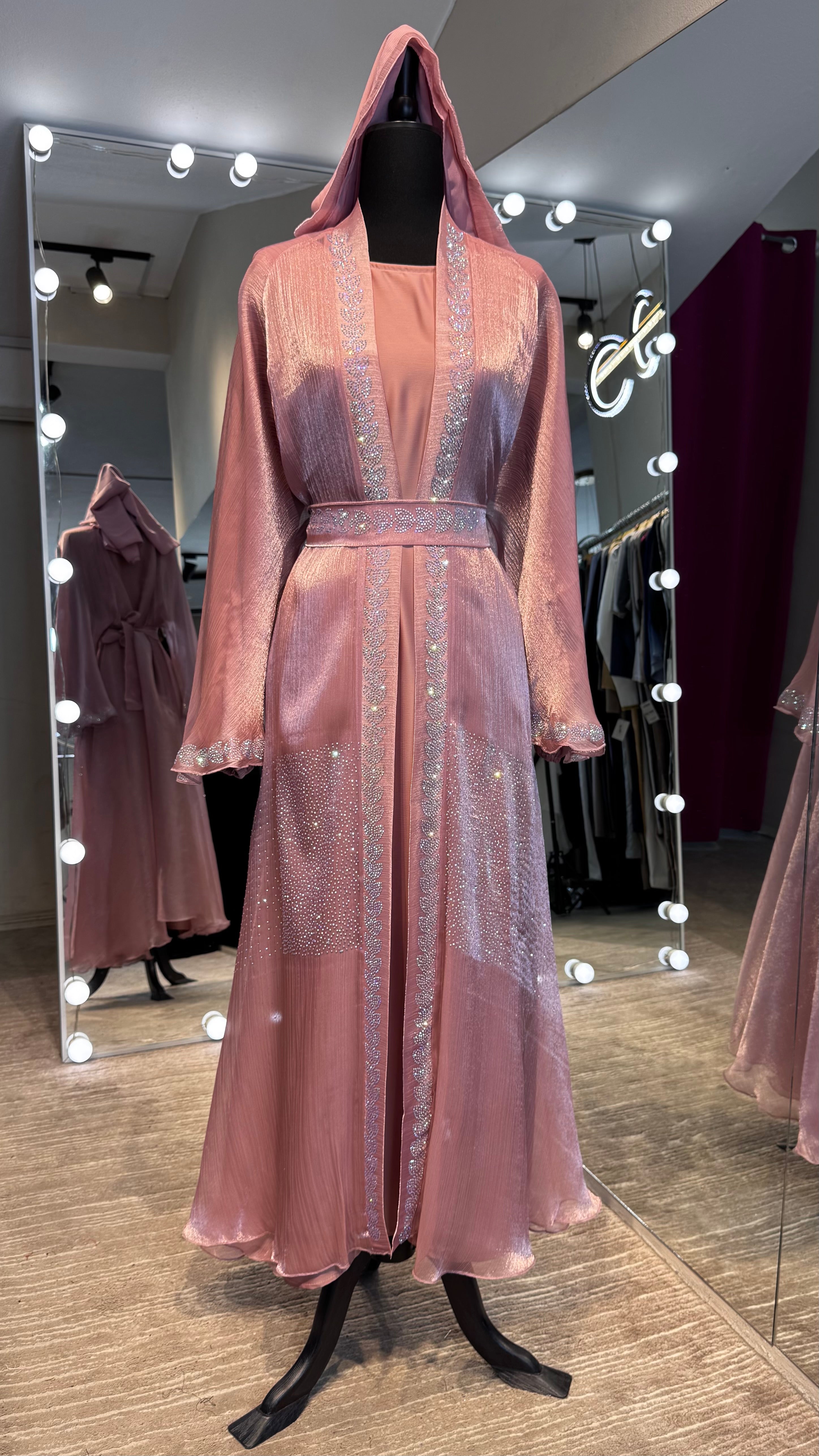 4 Piece Abaya Set with Hijab – Silky Zoom & Organza Umbrella Cut Robe- Pink